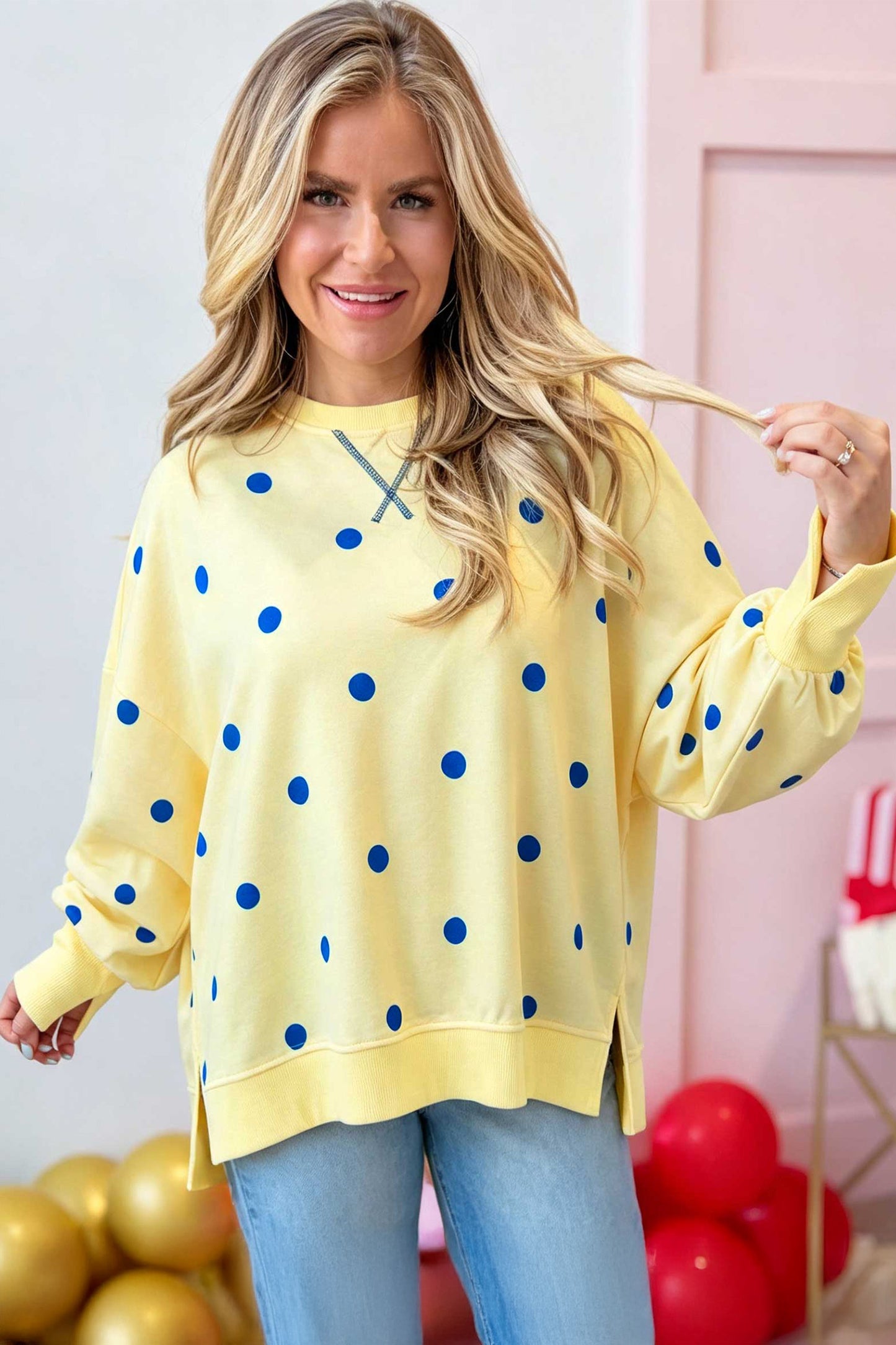Polka Dot Loose Long Sleeve Split Hem Pullover Top