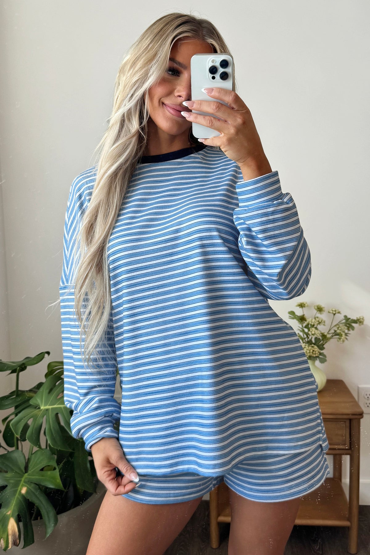 Stripe Long Sleeve Oversized Top Pocketed Casual Shorts Two Piece Set
