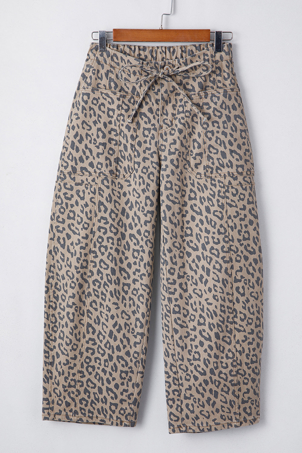 Leopard Printed Drawstring Elastic Waistband Pocketed Barrel Jeans