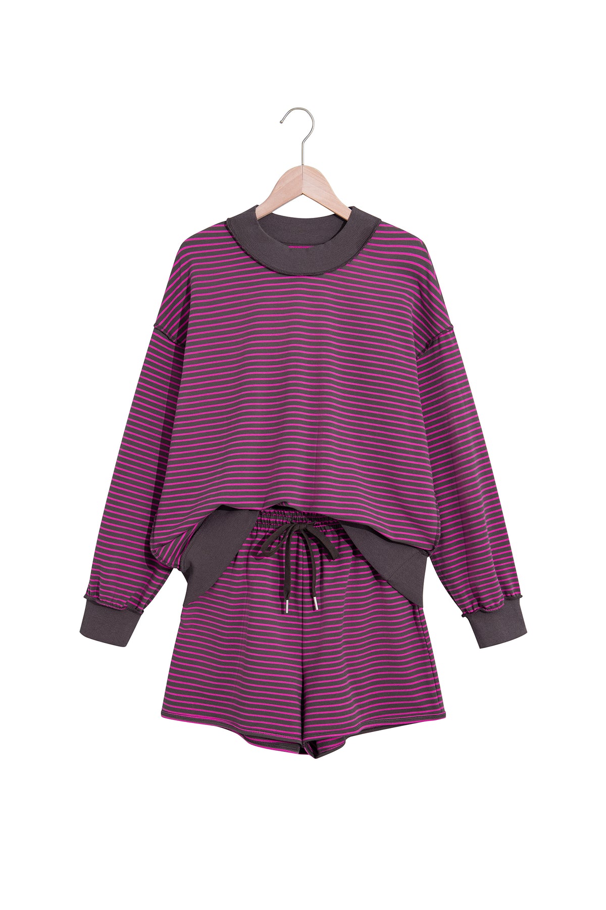 Stripe Ribbed Patchwork Mock Neck Baggy Pullover Matching Shorts Set