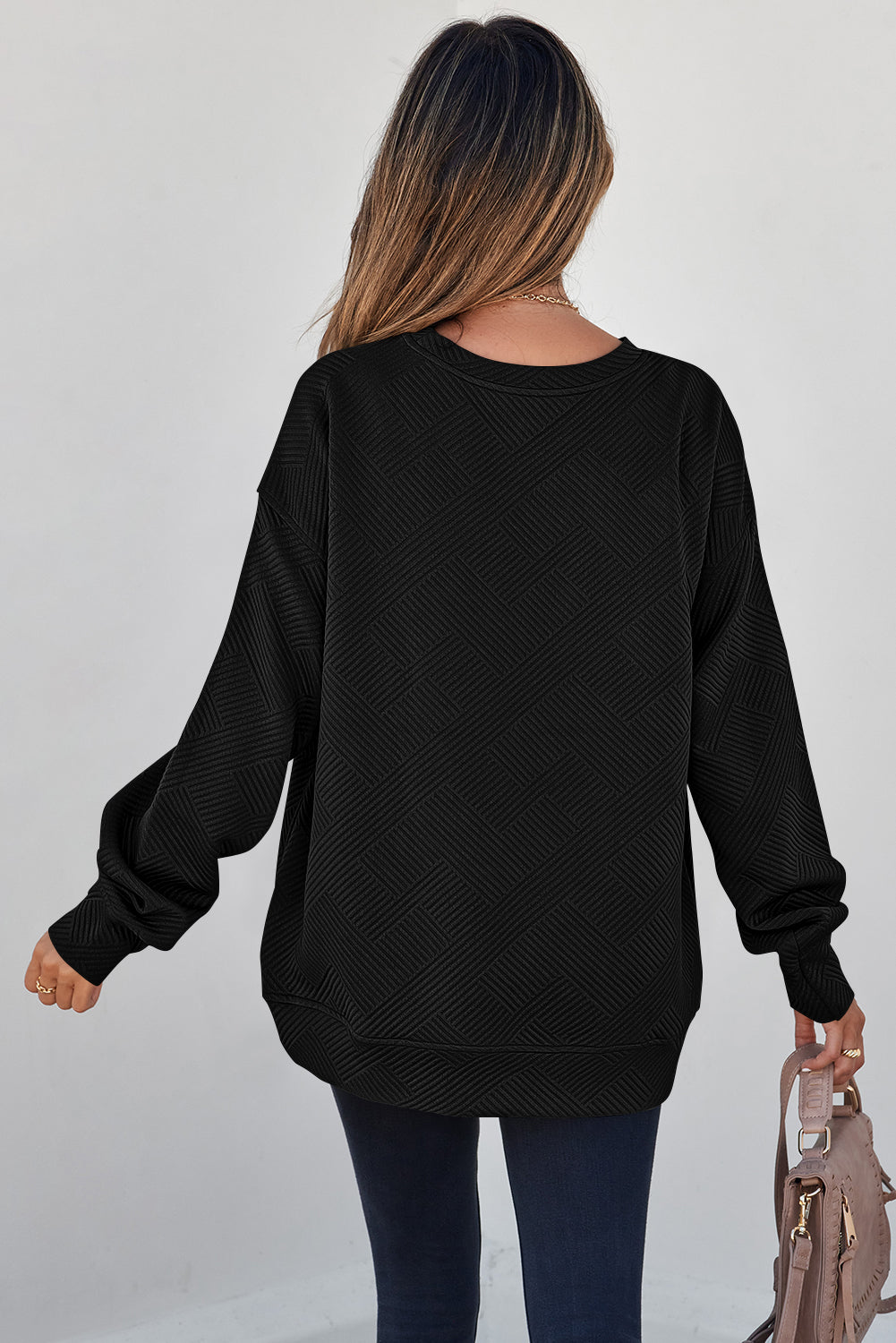 Textured Round Neck Drop Shoulder Pullover Sweatshirt