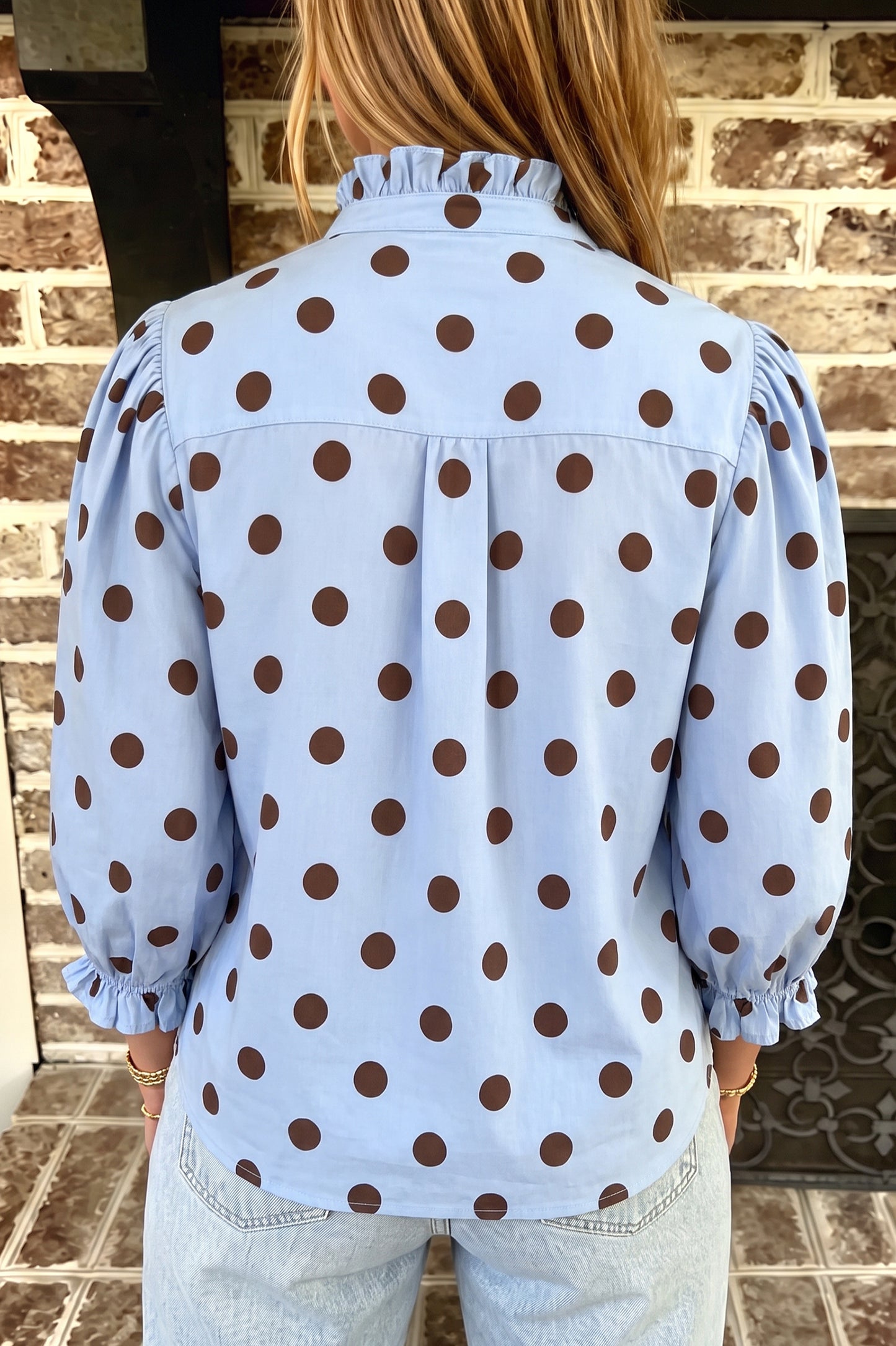Polka Dot Striped Print Ruffle Stand Neck 3/4 Sleeve Shift Shirt