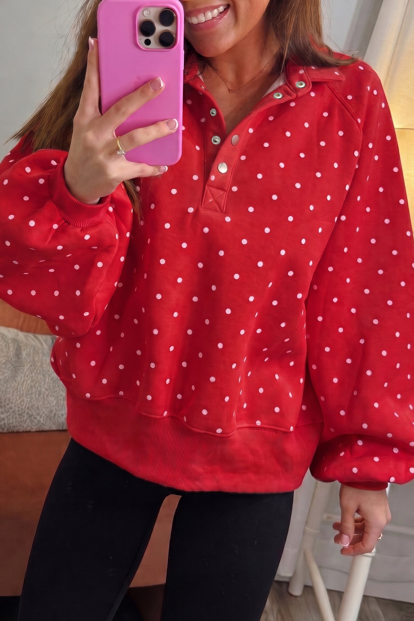 Polka Dot Print Metal Button Collar Casual Pullover Sweatshirt