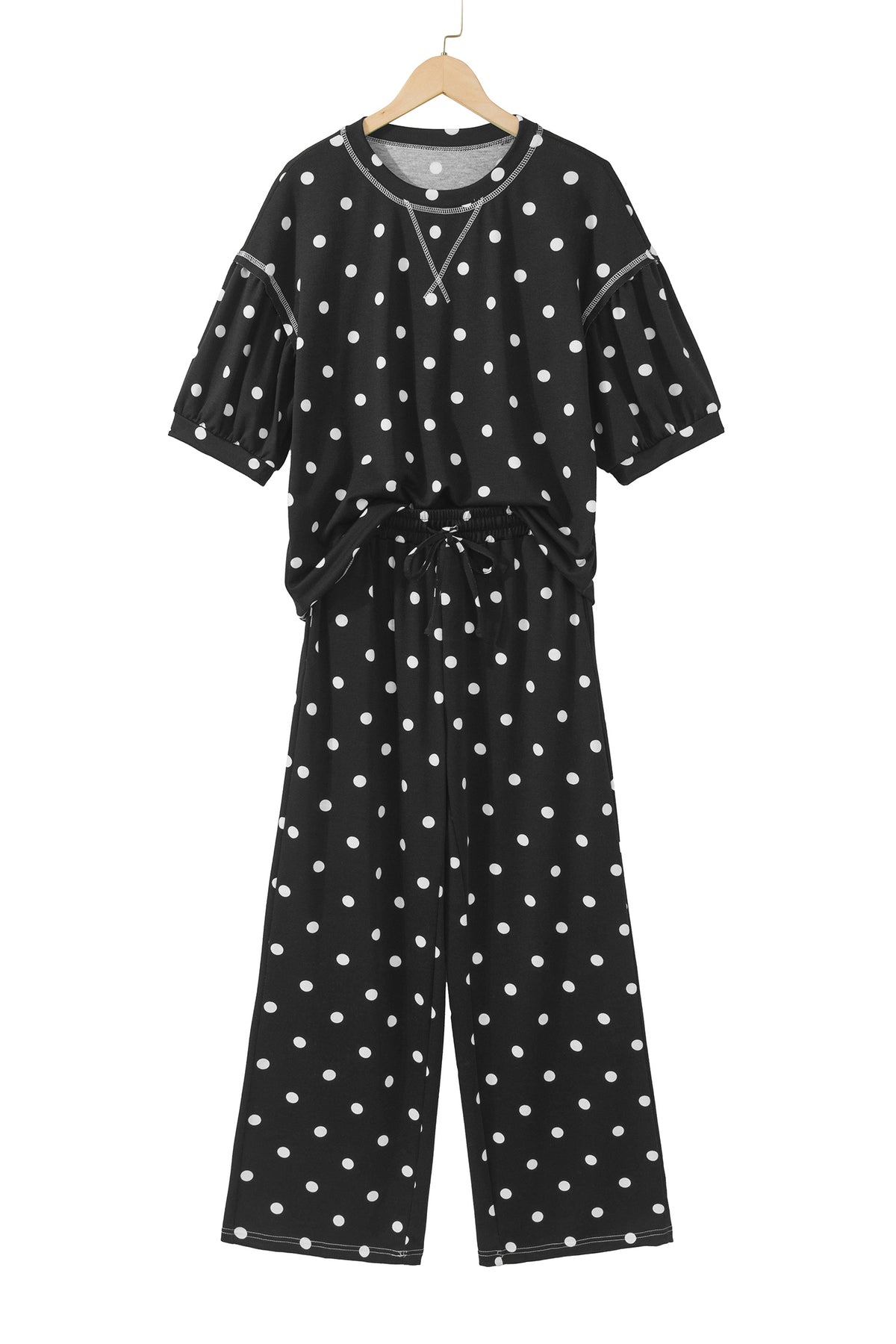 Polka Dot Half Sleeve Loose Top Elastic Waist Casual Pants Set