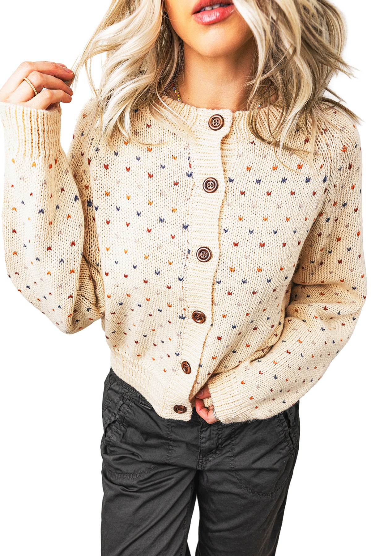Geometric Print Button Front Long Sleeve Regular Fit Cardigan