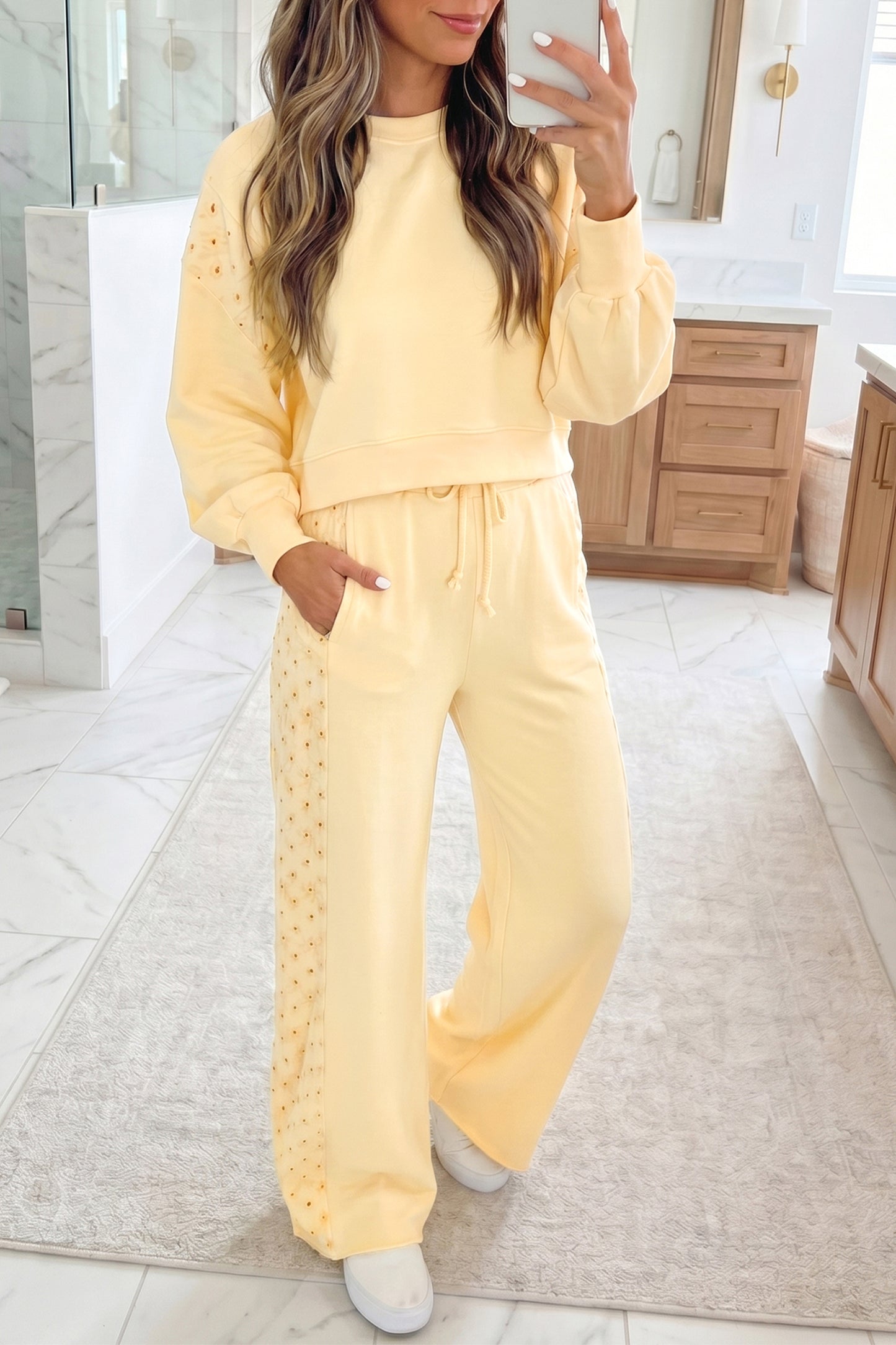 Eyelet Embroidered Lace Patchwork Cropped Pullover Drawstring Pants Set