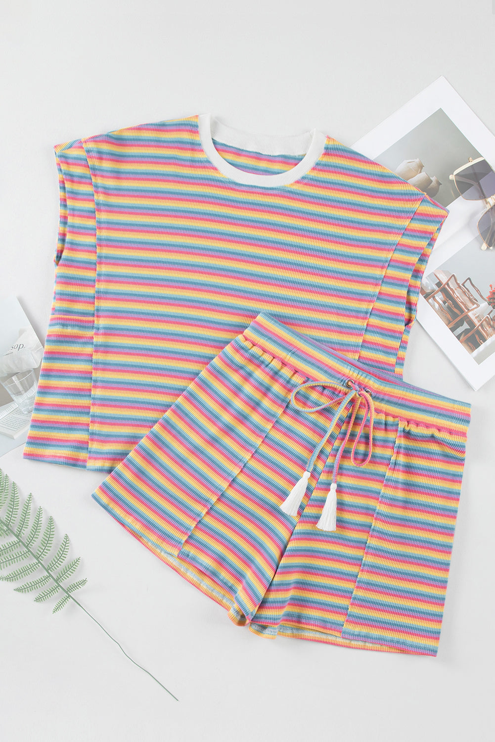 Stripe Crew Neck Shorts Set - Pink