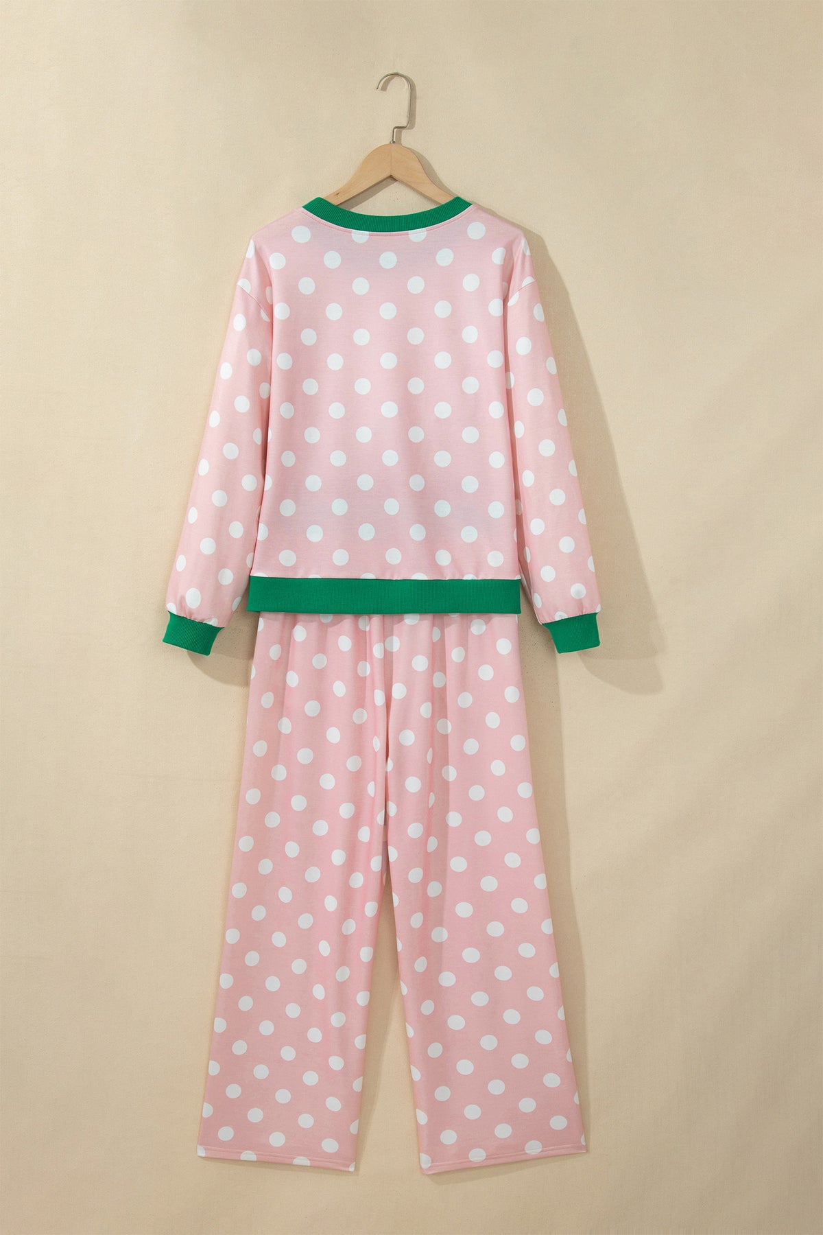 Polka Dot Contrast Trim Long Sleeve Top Drawstring Shift Pants Set