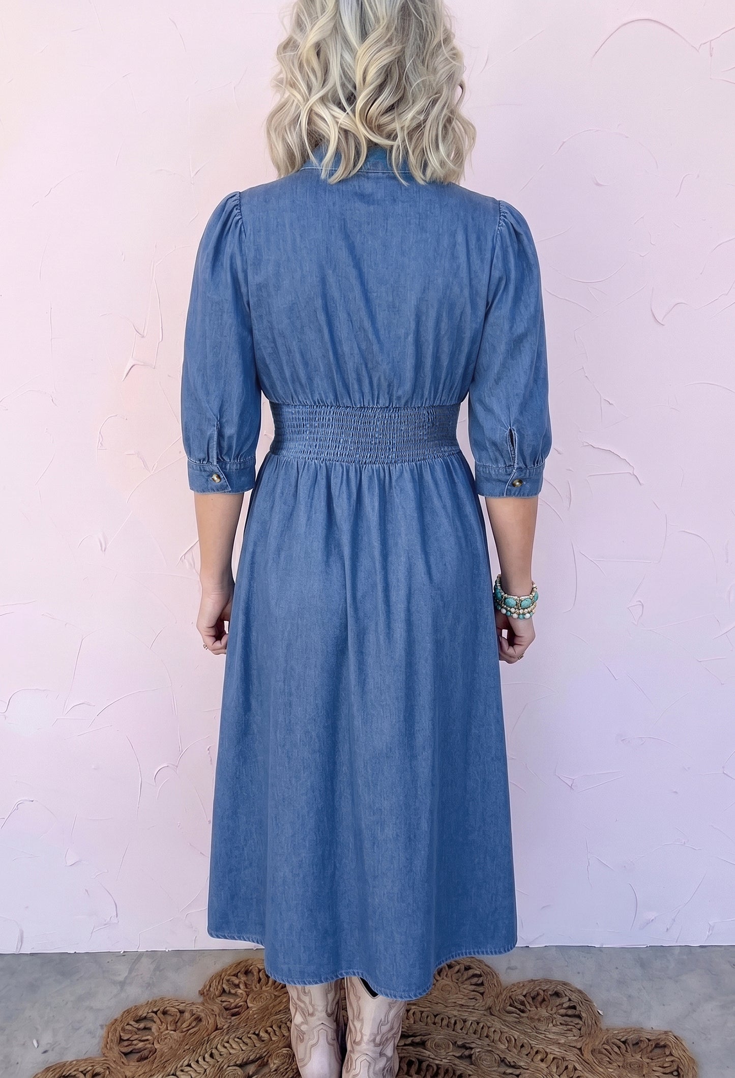 V Neck Shirred Waist Metal Zipper Denim Midi Dress