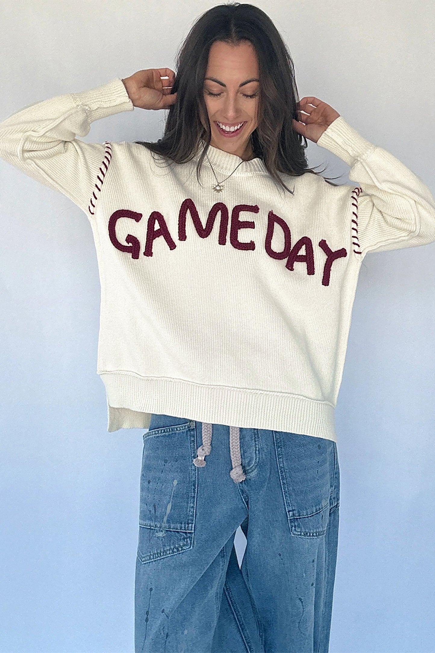 Drop Shoulder Game Day Letter Print Pullover Sweater