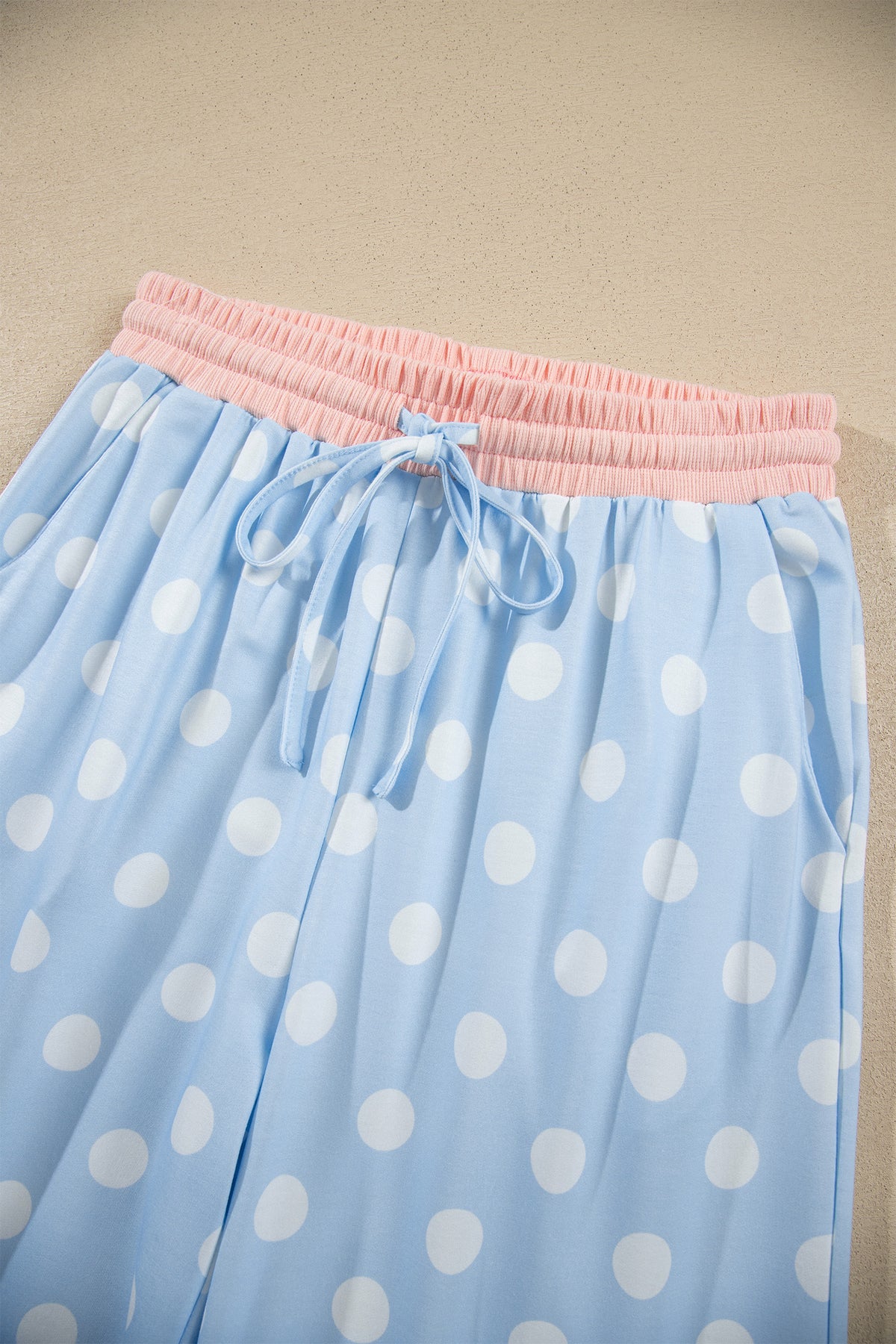 Polka Dot Contrast Trim Long Sleeve Top Drawstring Shift Pants Set