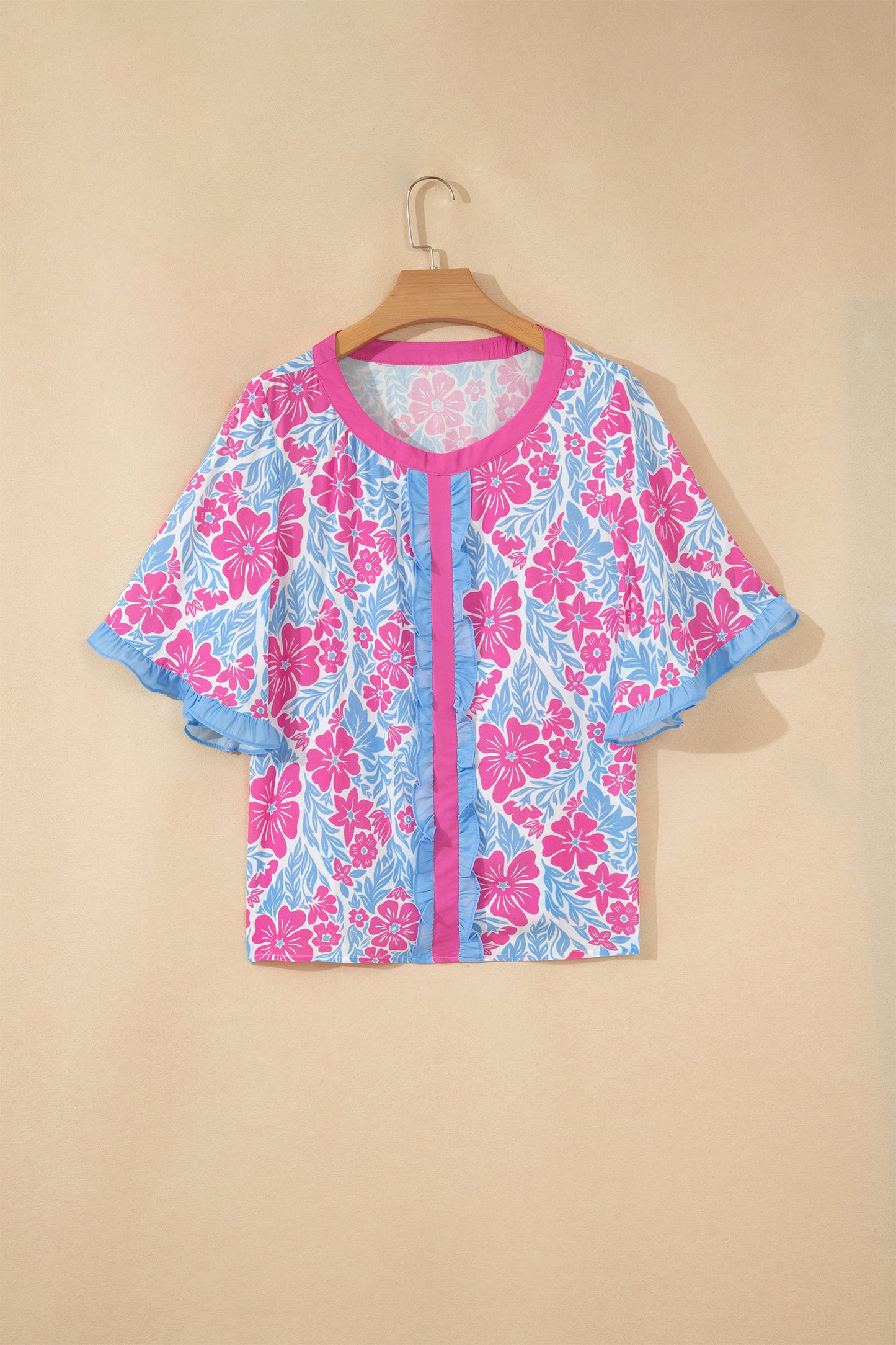 Floral Print Ruffled Color Block Trim Half Sleeve Blouse