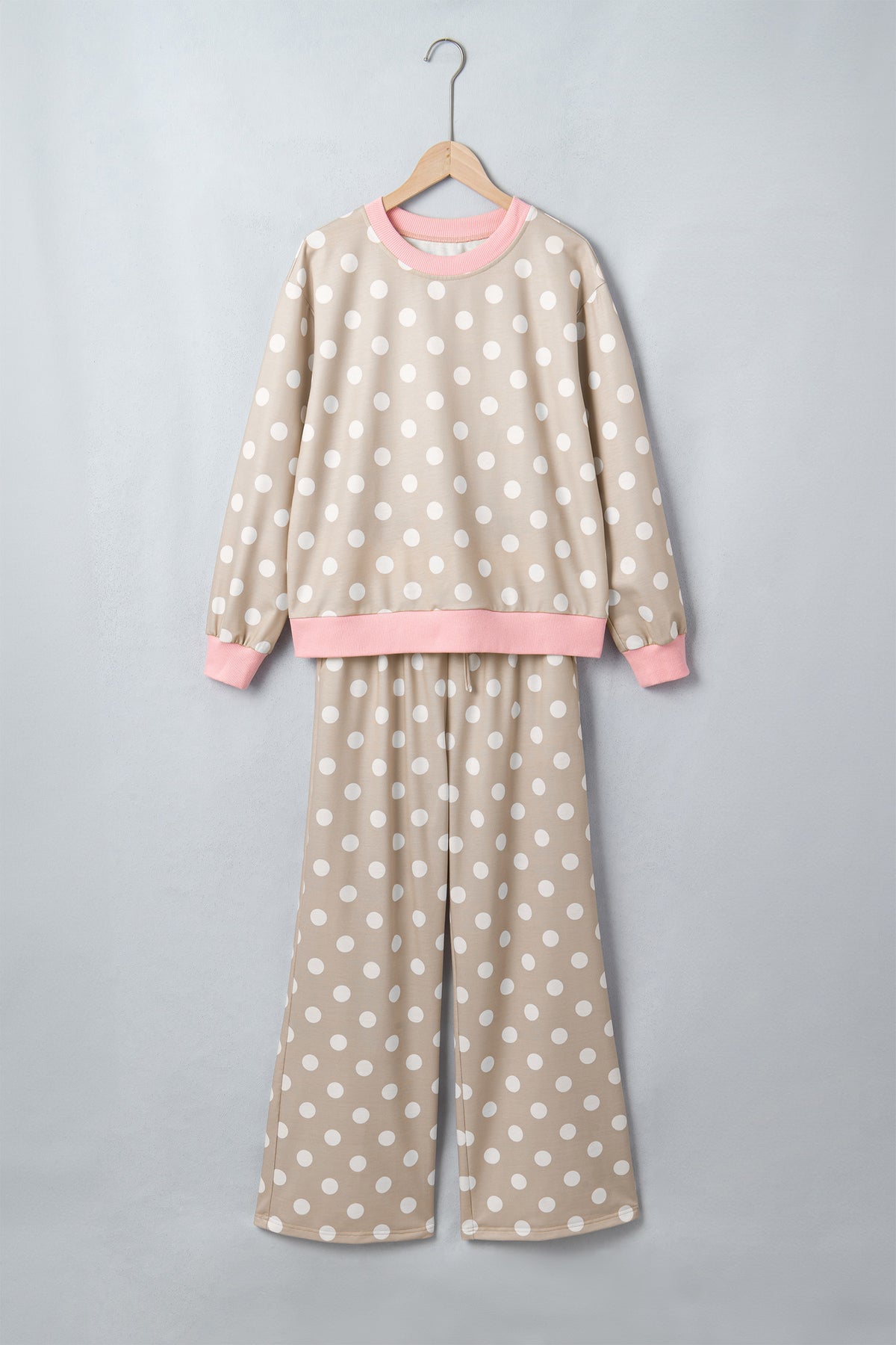 Polka Dot Contrast Trim Long Sleeve Top Drawstring Shift Pants Set