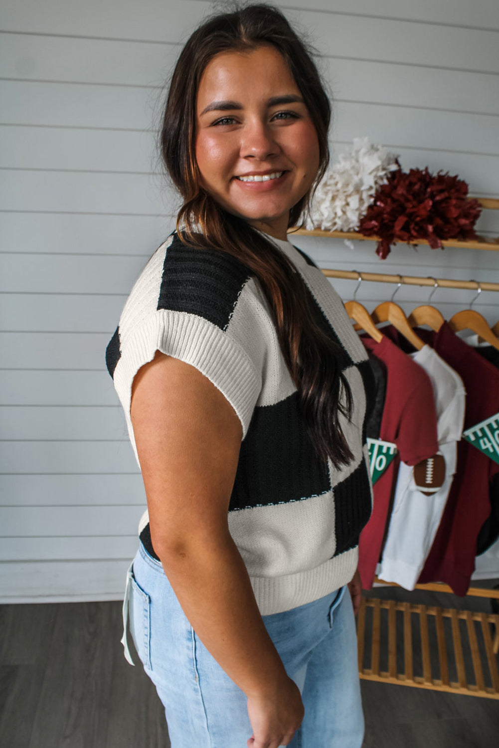 Checkered Color Block Short Sleeve Sweater