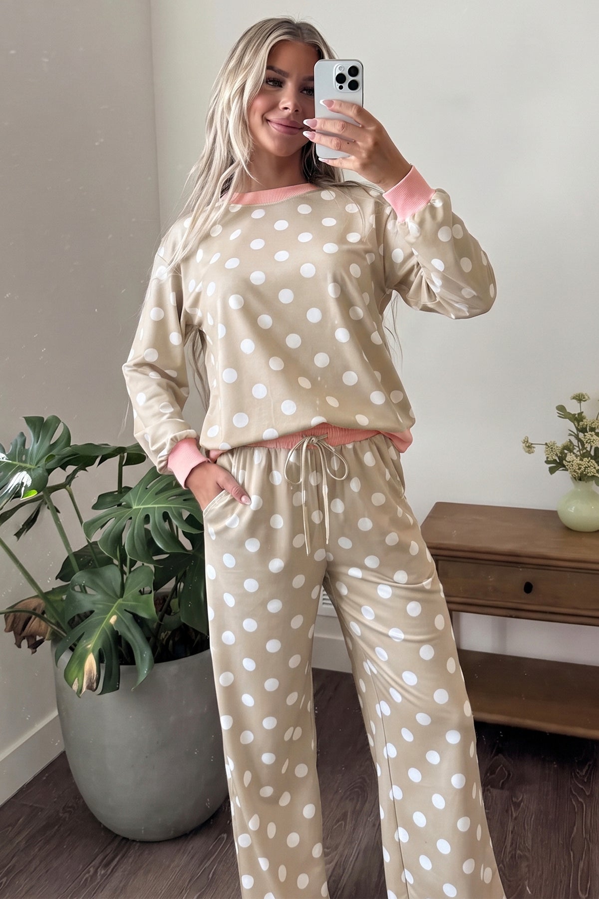 Polka Dot Contrast Trim Long Sleeve Top Drawstring Shift Pants Set