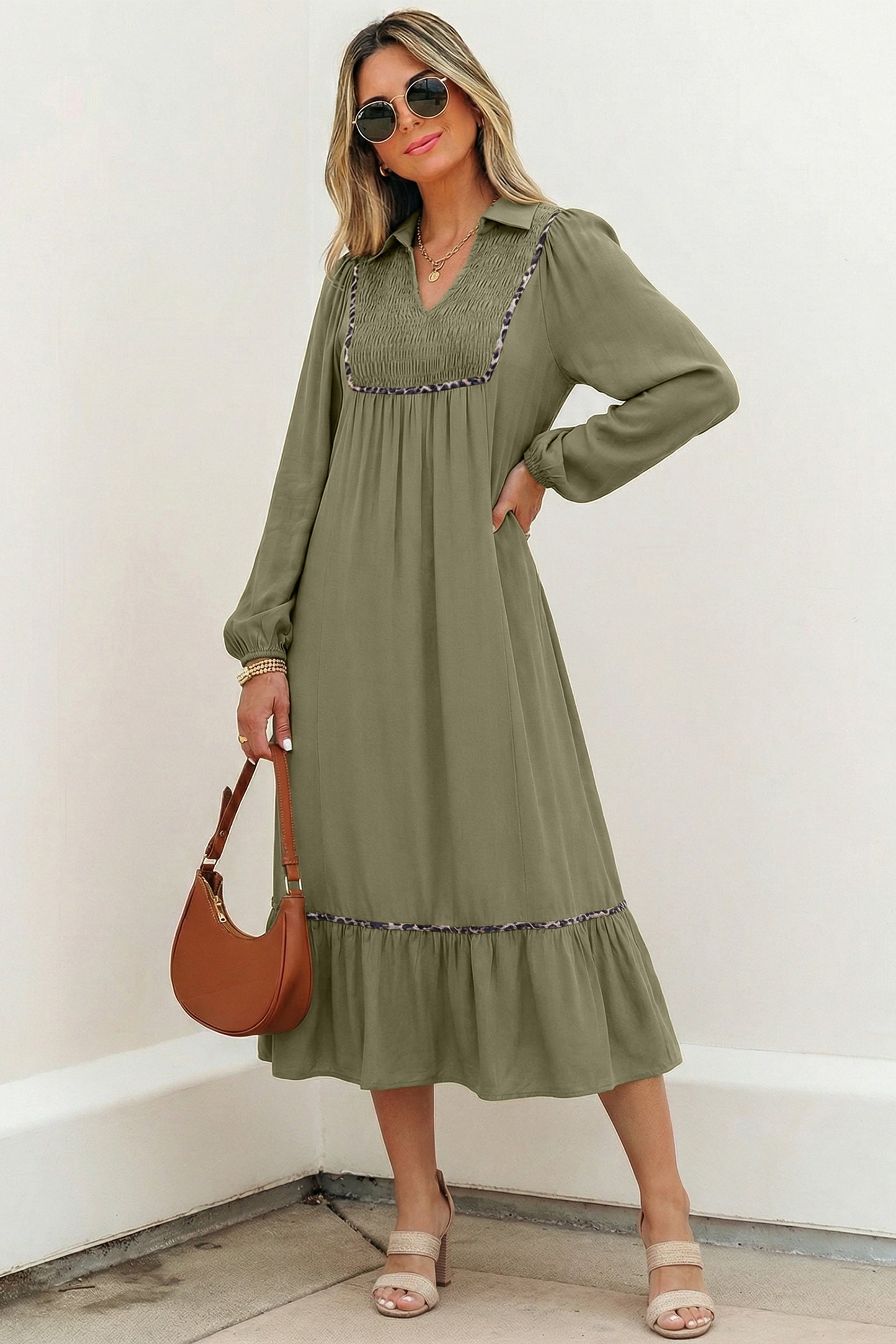 V Neck Smocked Detail Contrast Leopard Trim Bracelet Sleeve Long Dress