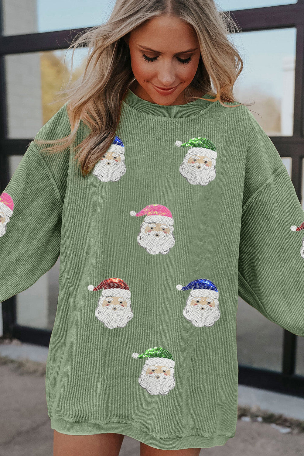 Corded Ribbed Sequin Patched Santa Claus Graphic Sweatshirt
