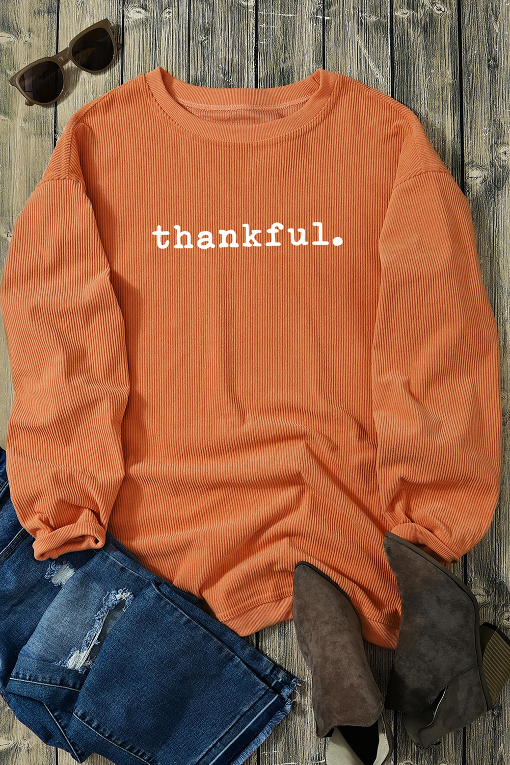Thankful Ribbed Crew Neck Thanksgiving Sweatshirt