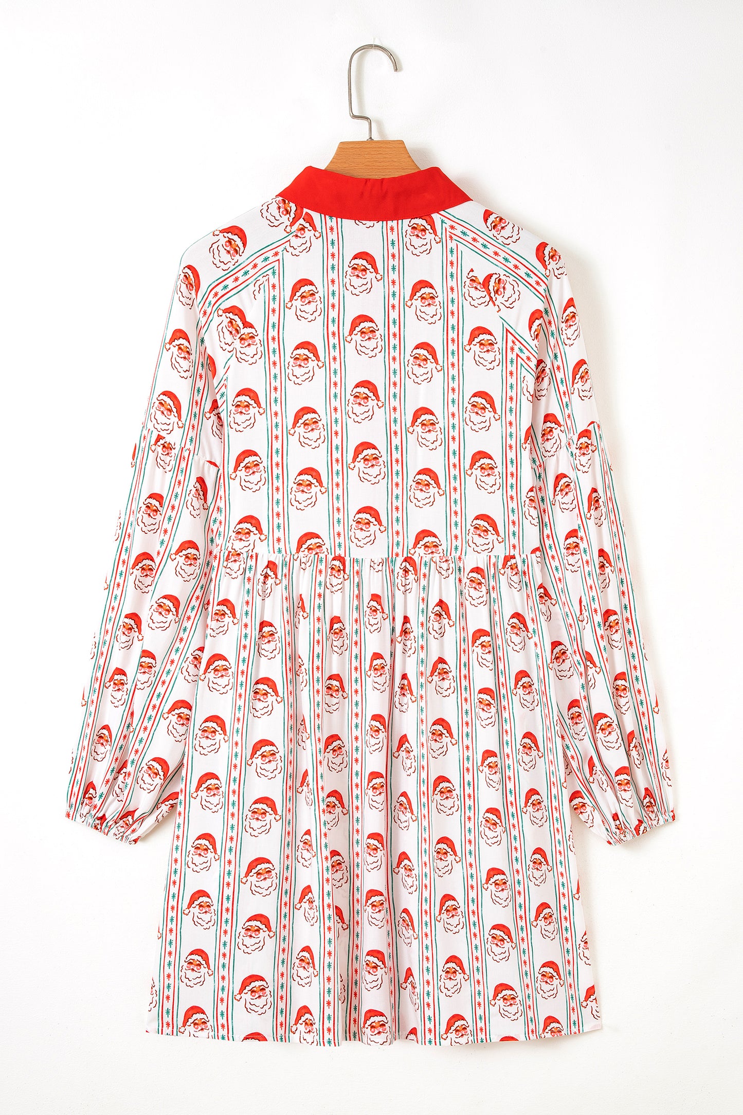 Father Christmas Contrast Collar Button Front Long Sleeve A-line Mini Dress