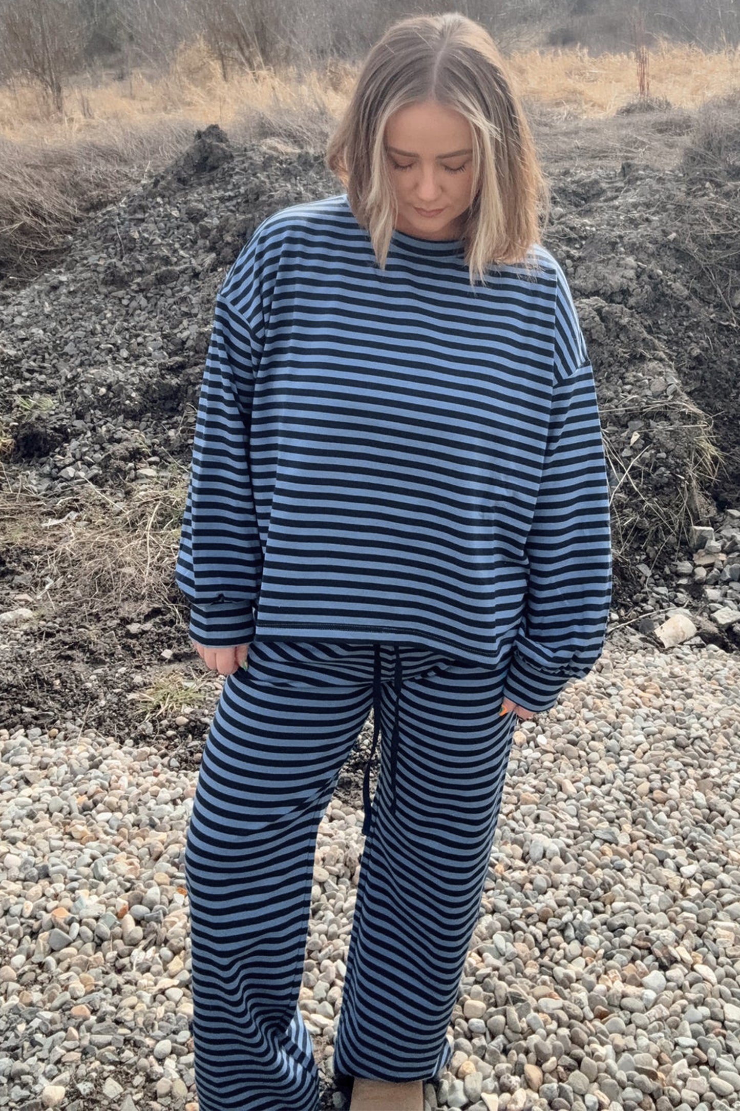 Stripe Long Sleeve Drawstring Waist Plus Size Lounge Pants Set