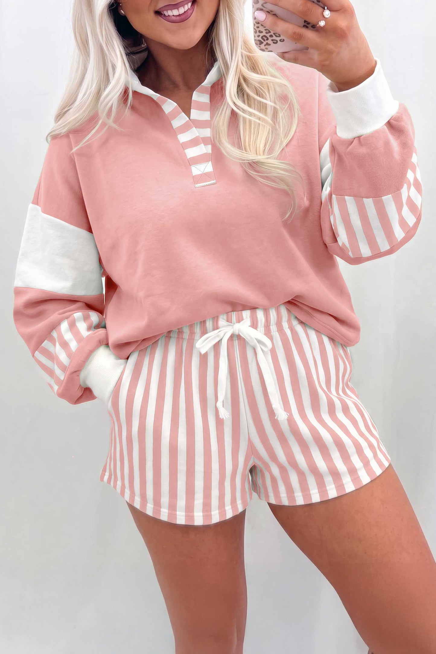 Striped Color Block Pullover Top Drawstring Shorts Set