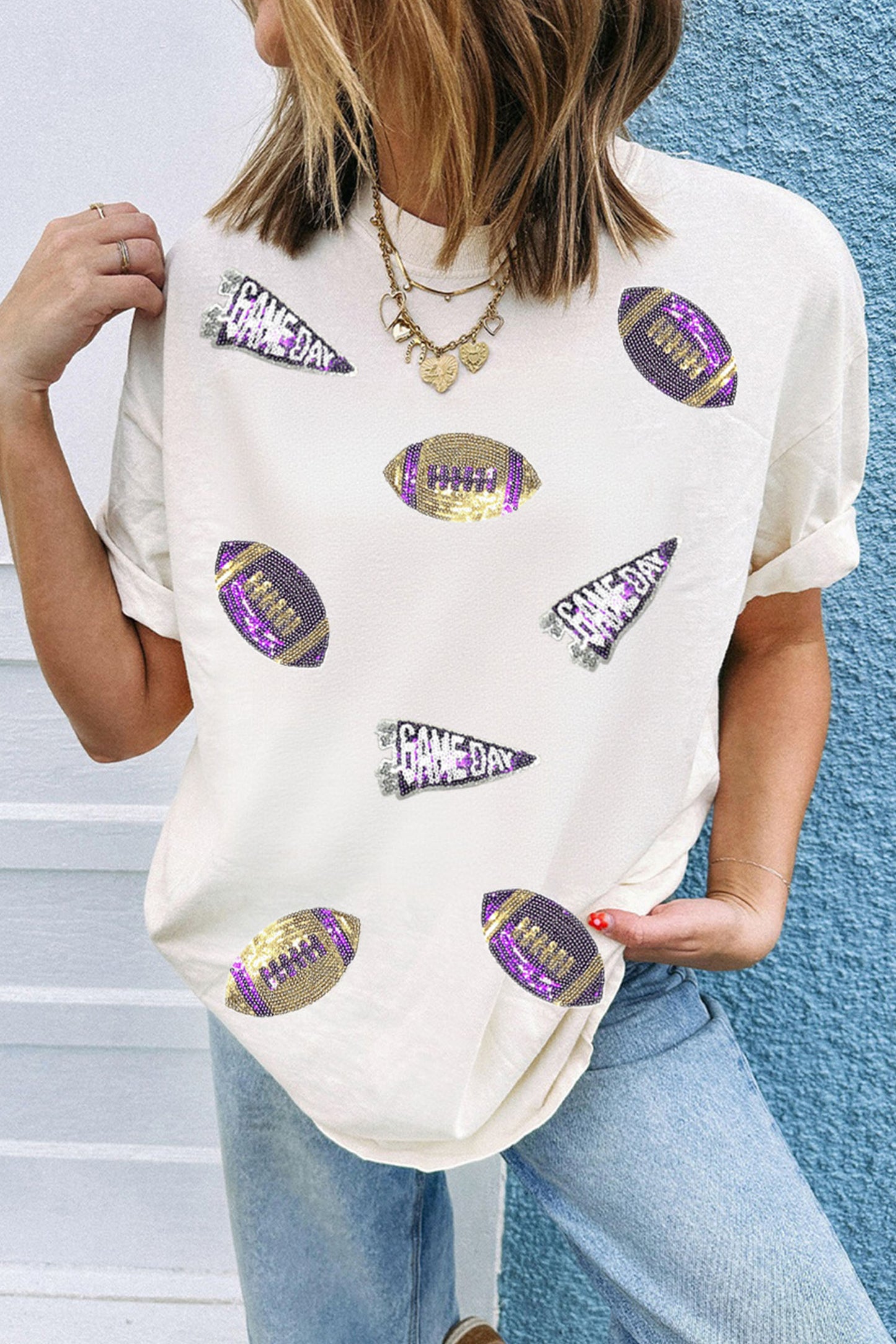 Sequin Game Day Football Print T-Shirt