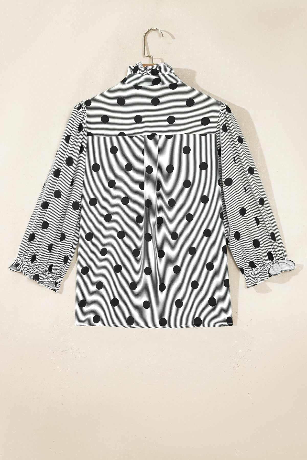Polka Dot Striped Print Ruffle Stand Neck 3/4 Sleeve Shift Shirt