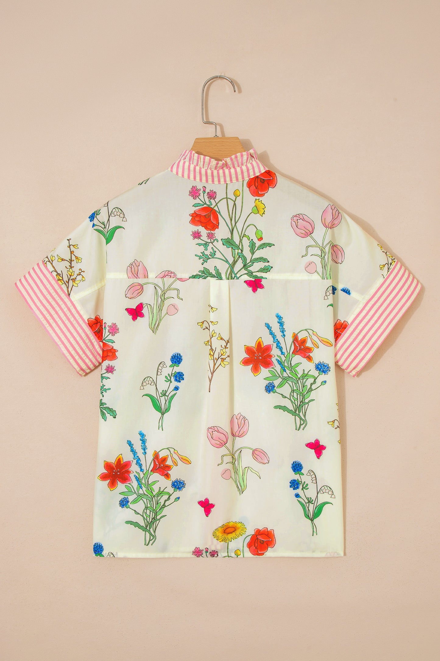 Striped Patchwork Ruffled Collar Short Sleeve Shirt