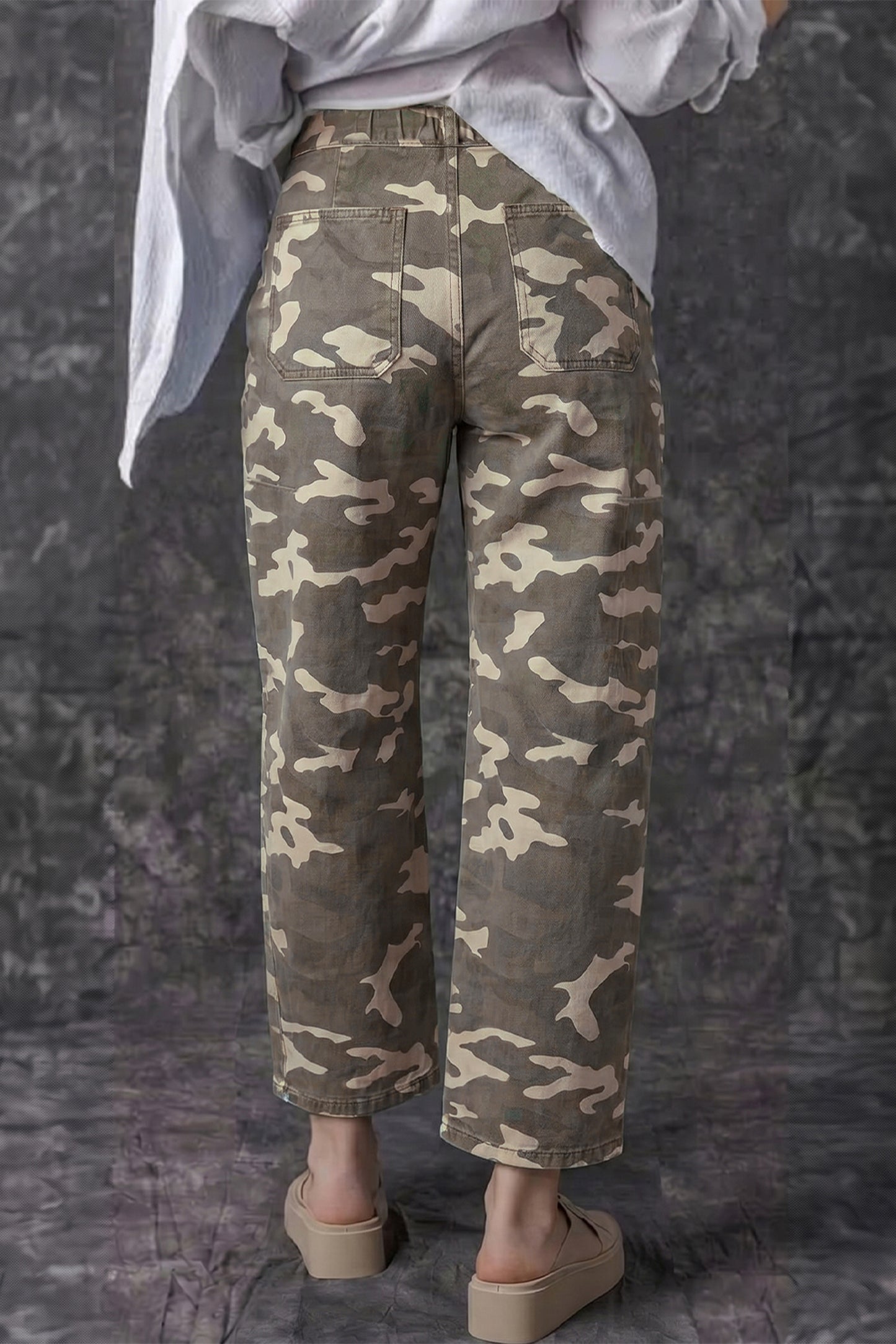 Leopard Printed Drawstring Elastic Waistband Pocketed Barrel Jeans