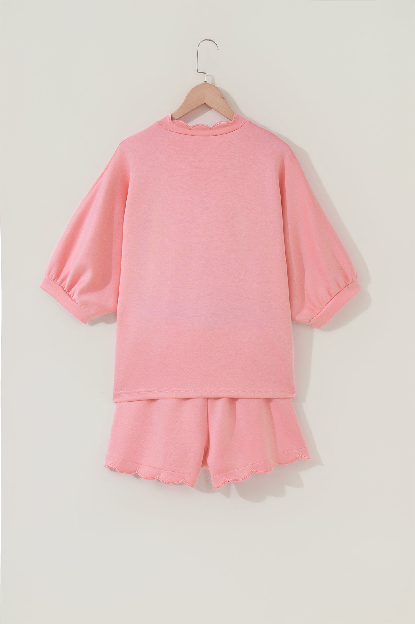 Scalloped V Neck Dolman Oversize Top Drawstring Short Set