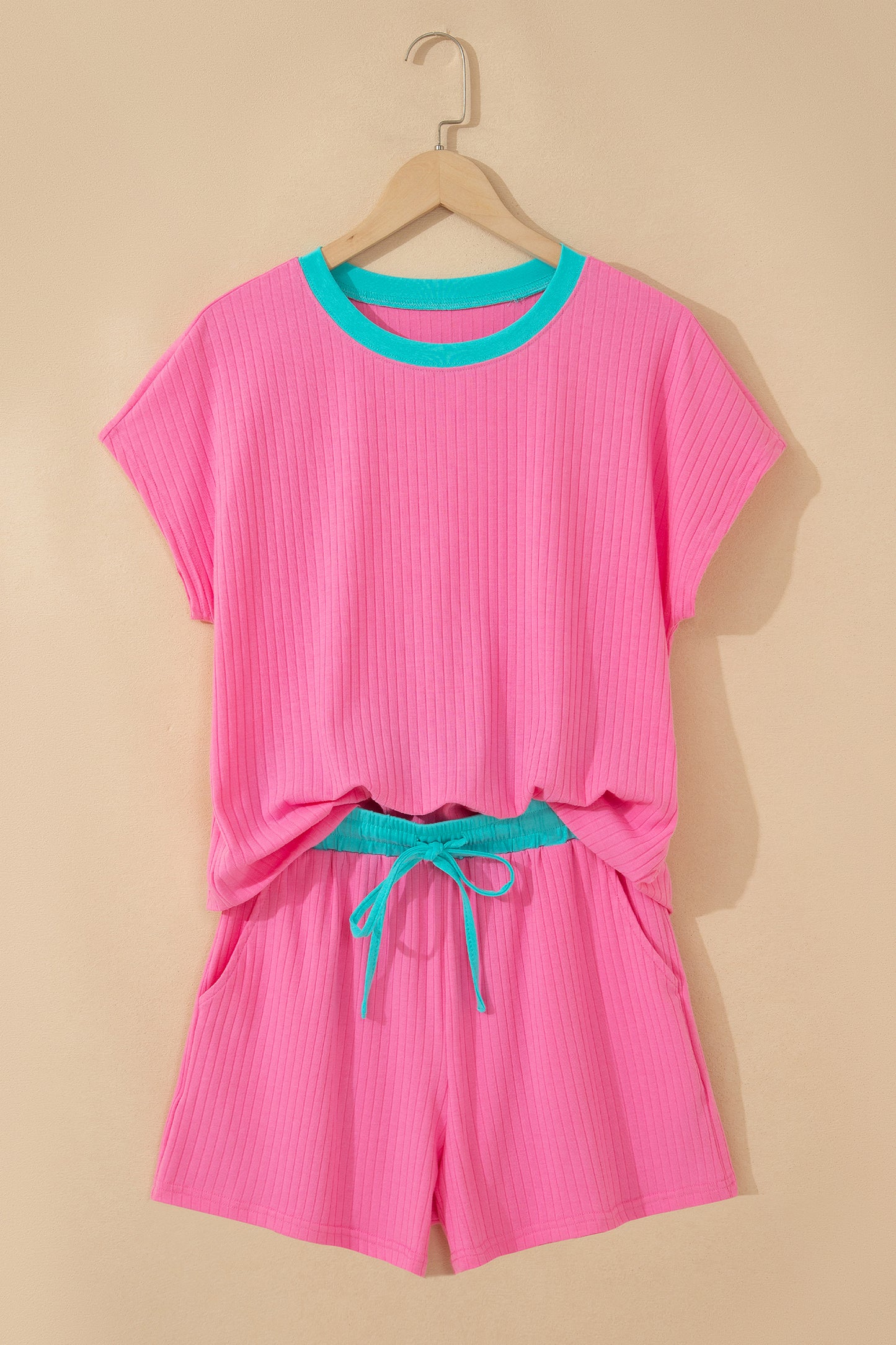 Ribbed Color Block Trim Casual Short Set