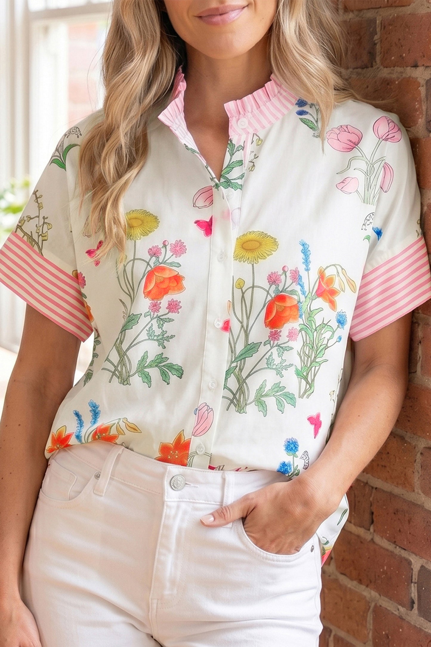 Striped Patchwork Ruffled Collar Short Sleeve Shirt