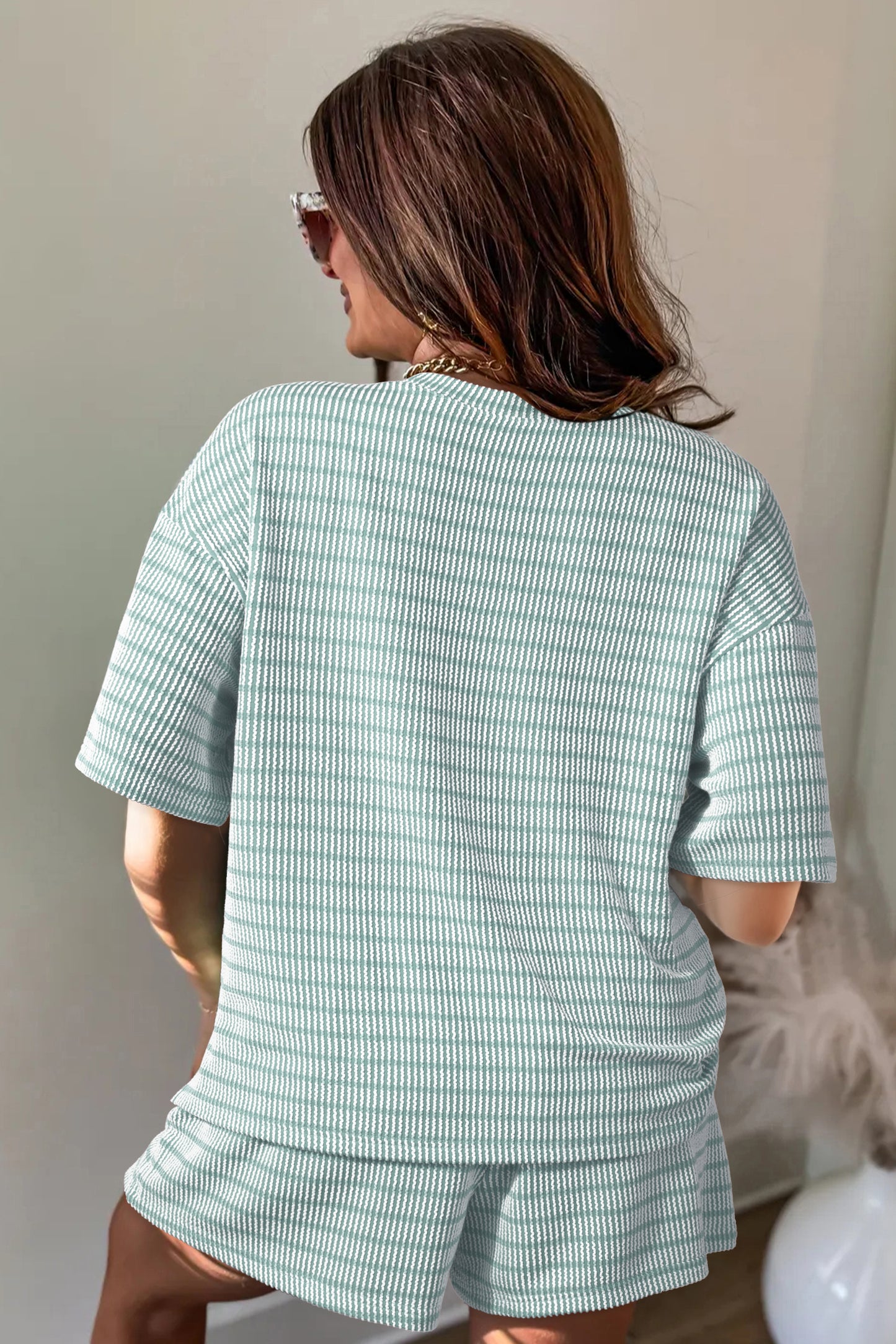 Raised Rib Loose Tee Drawstring Elastic Waist 2pcs Short Set