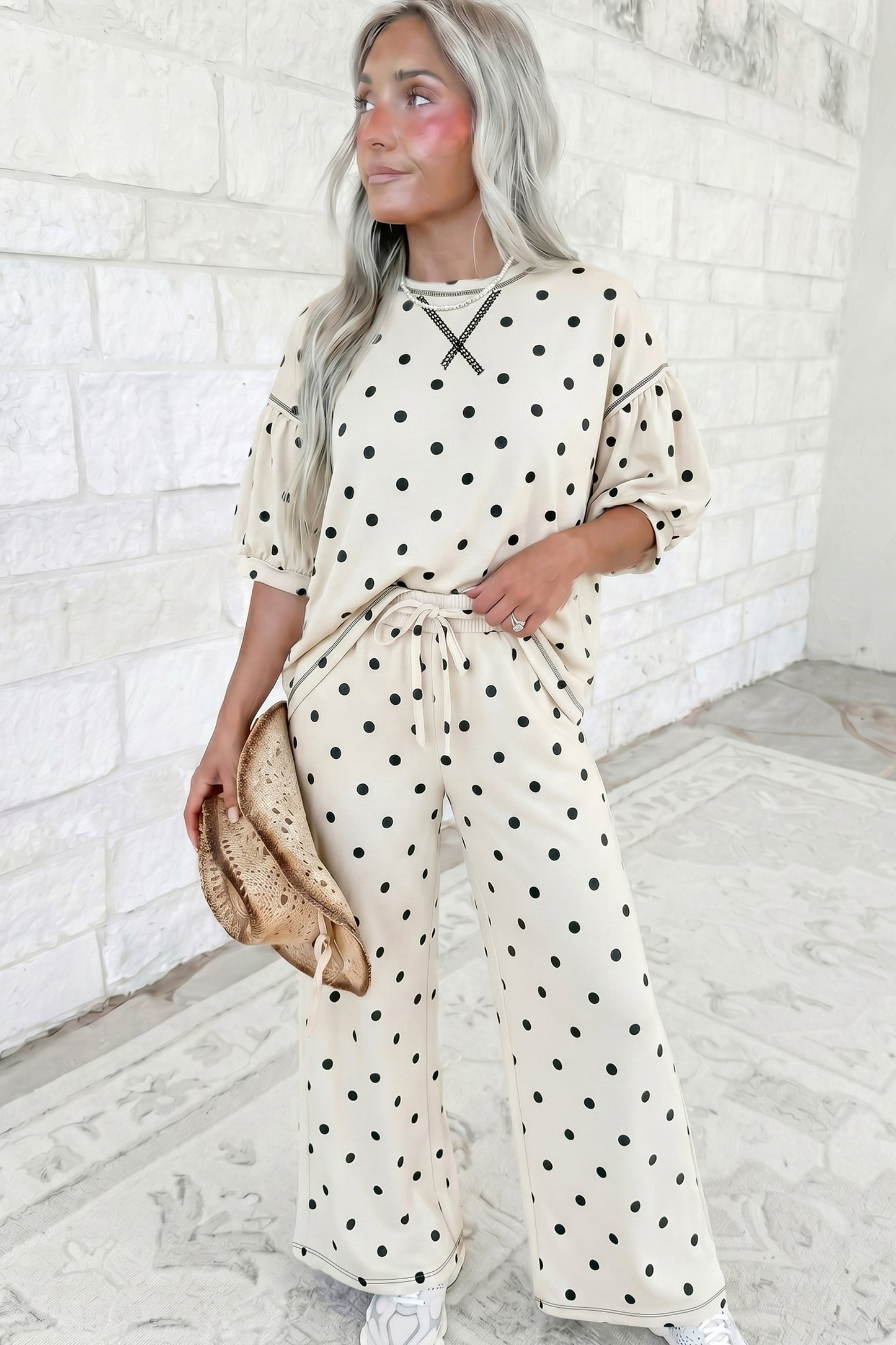Polka Dot Half Sleeve Loose Top Elastic Waist Casual Pants Set