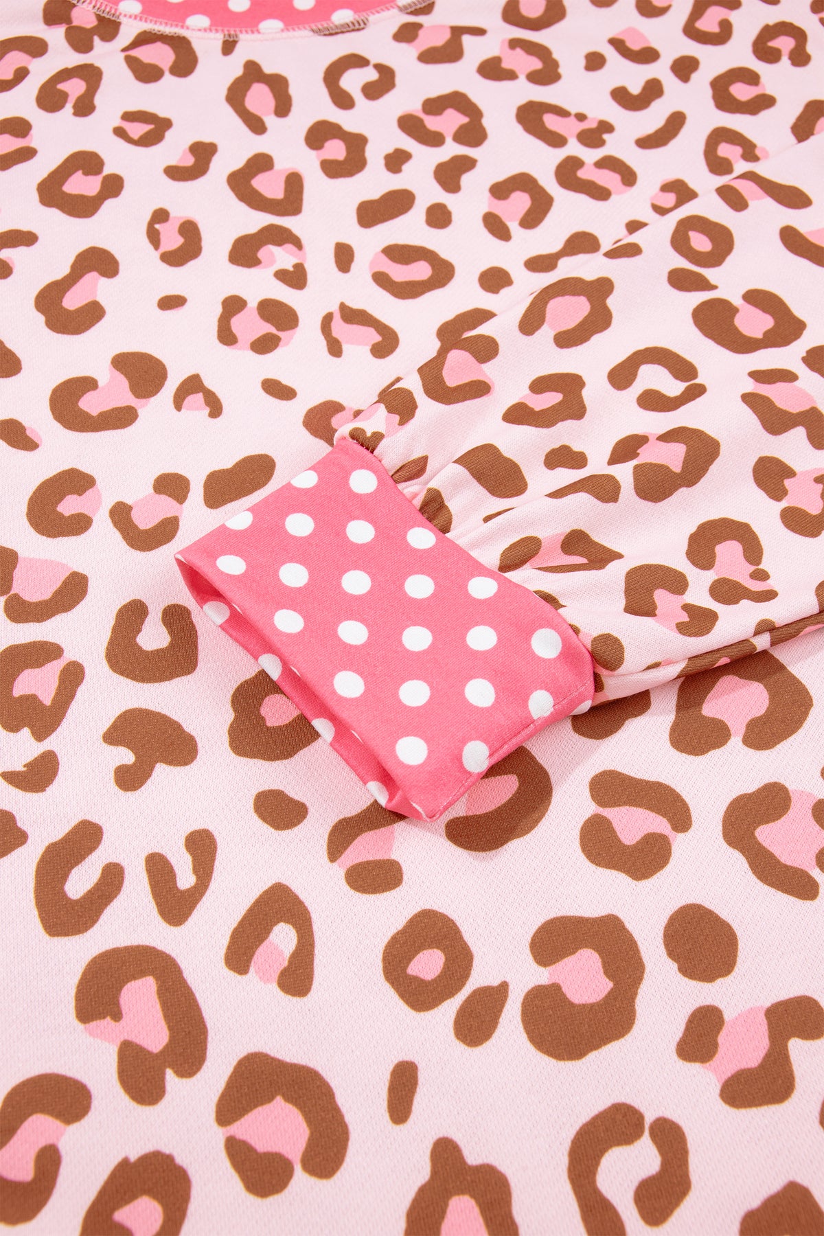 Leopard Polka Dot Colorblock Trim Long Sleeve Top