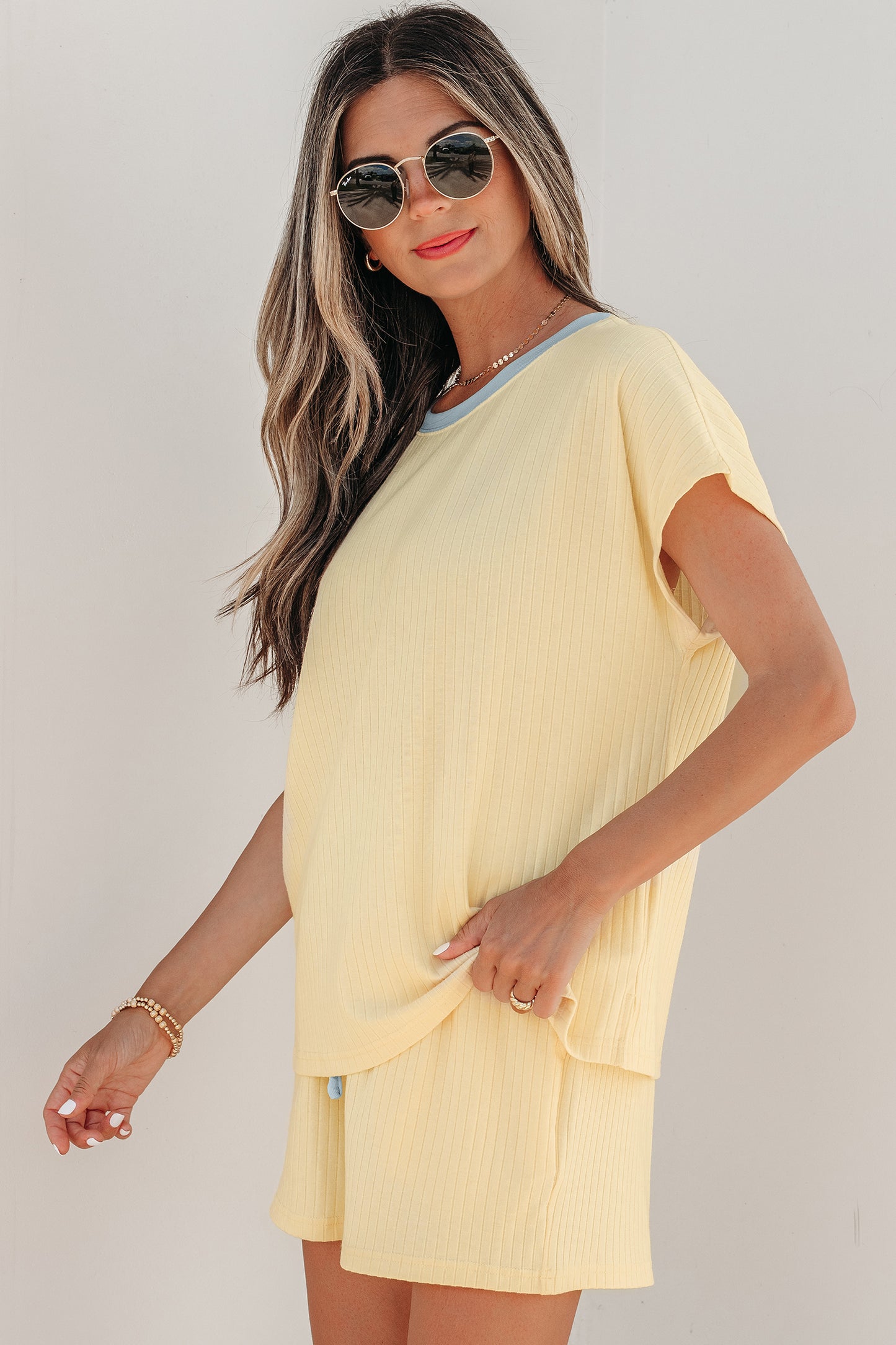 Ribbed Color Block Trim Casual Short Set