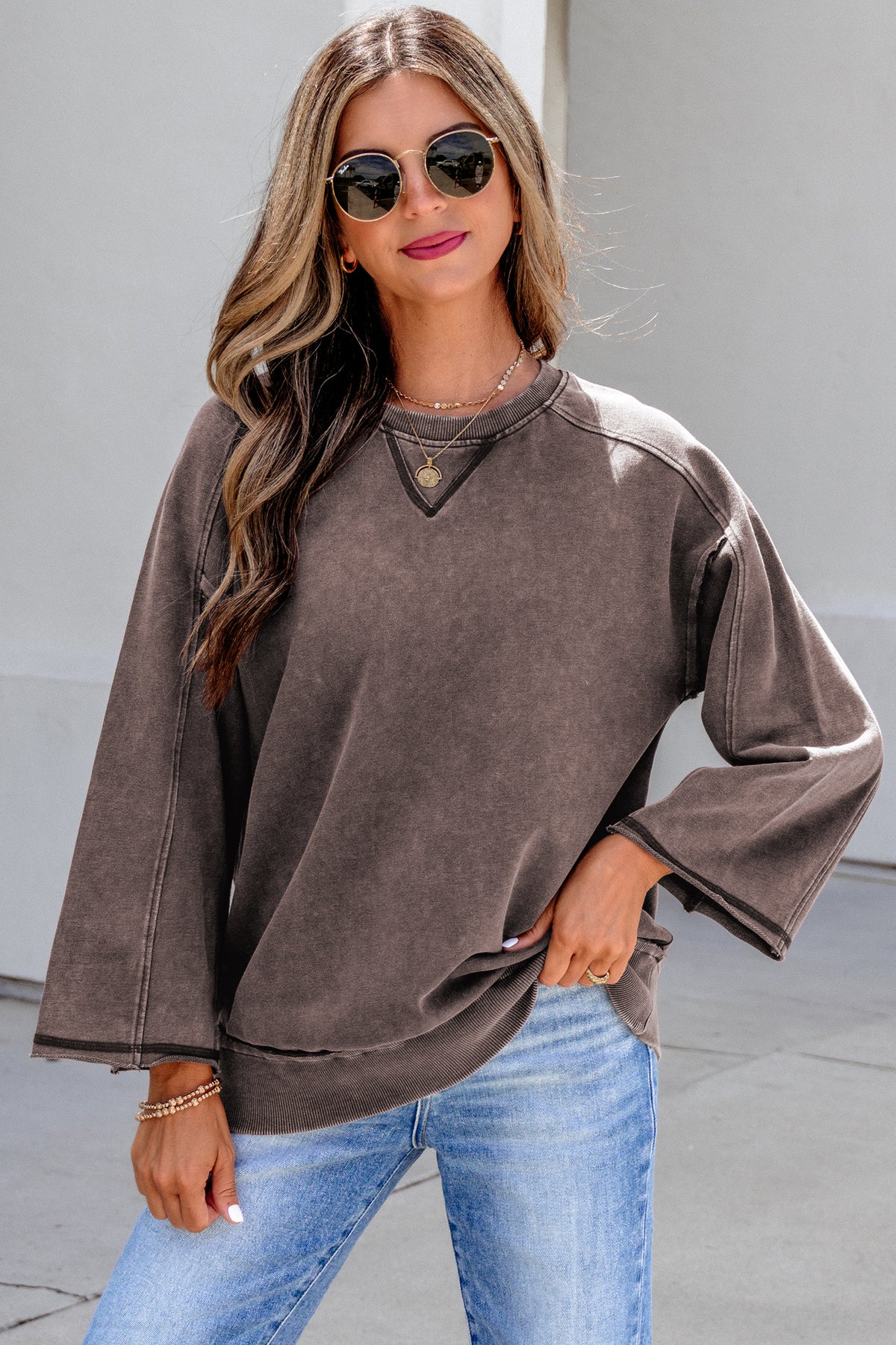 3/4 Sleeve Mineral Wash Loose Cotton Top