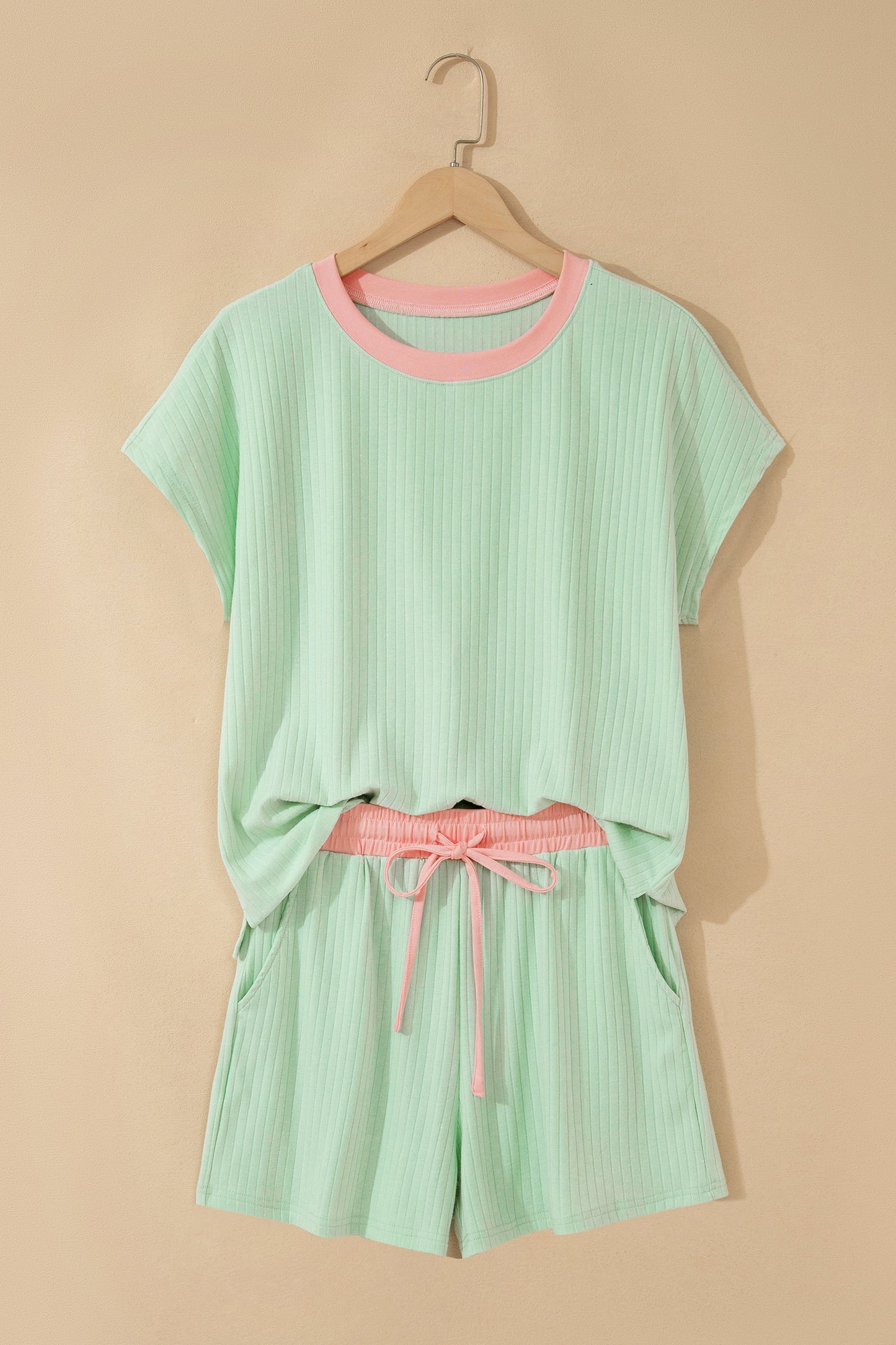 Ribbed Color Block Trim Casual Short Set