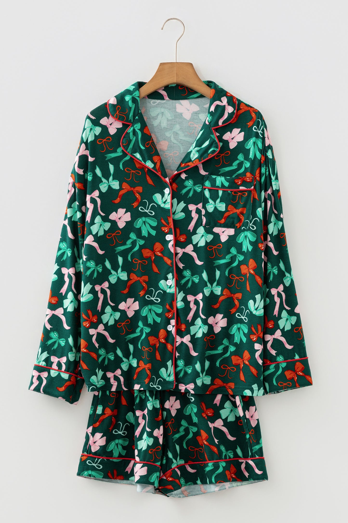 Bow Print Long Sleeve Shirt and Pajama Short Set