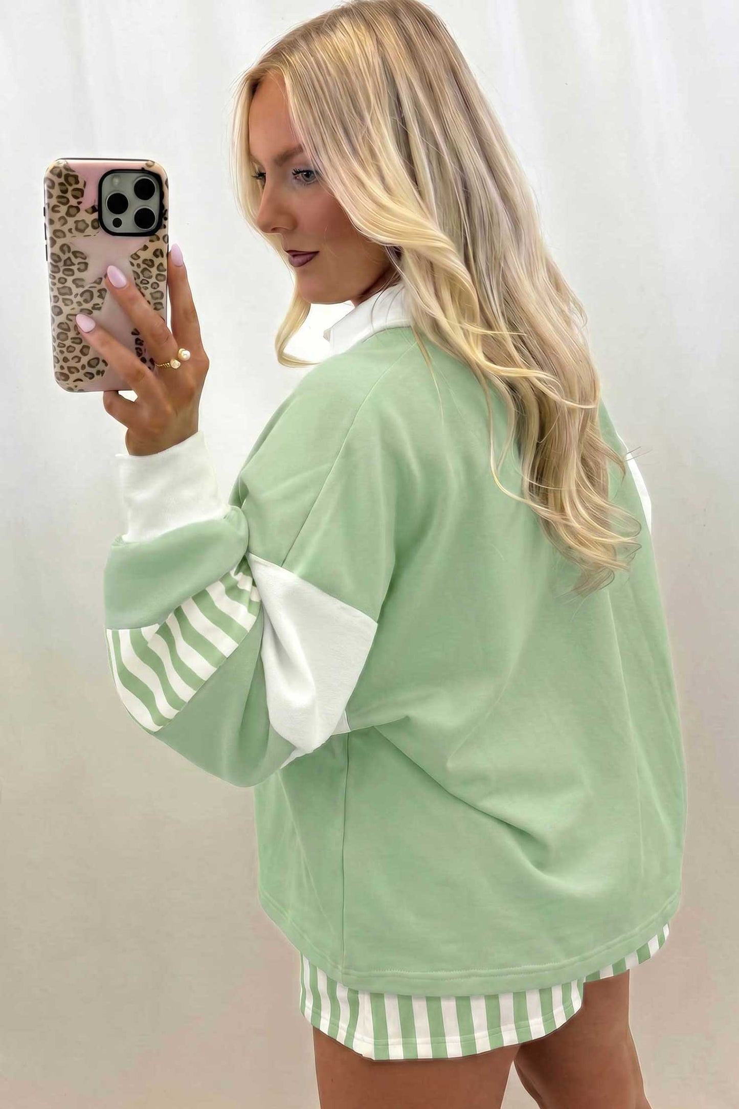 Striped Color Block Pullover Top Drawstring Shorts Set