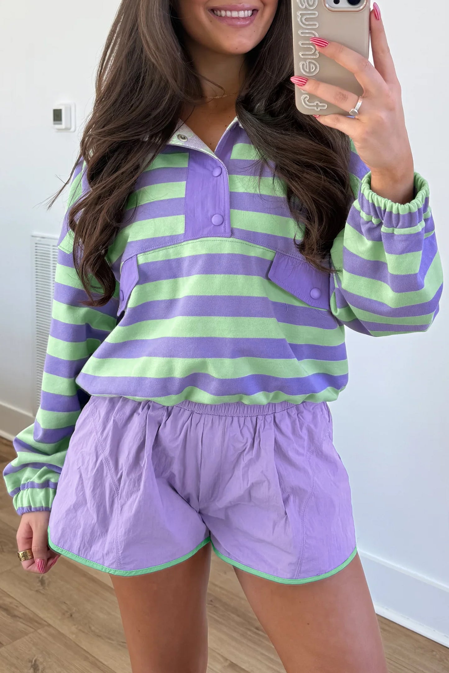 Stripe Half Button Long Sleeve Top Mix and Match Shorts 2pcs Set