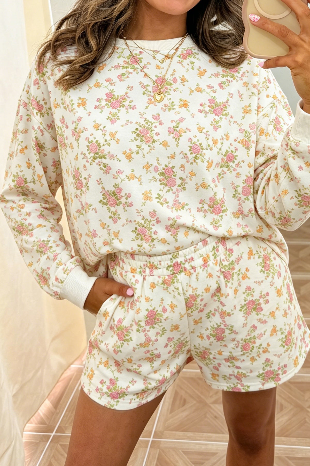Floral Print Long Sleeve Shift Top Pocketed Shorts 2pcs Set