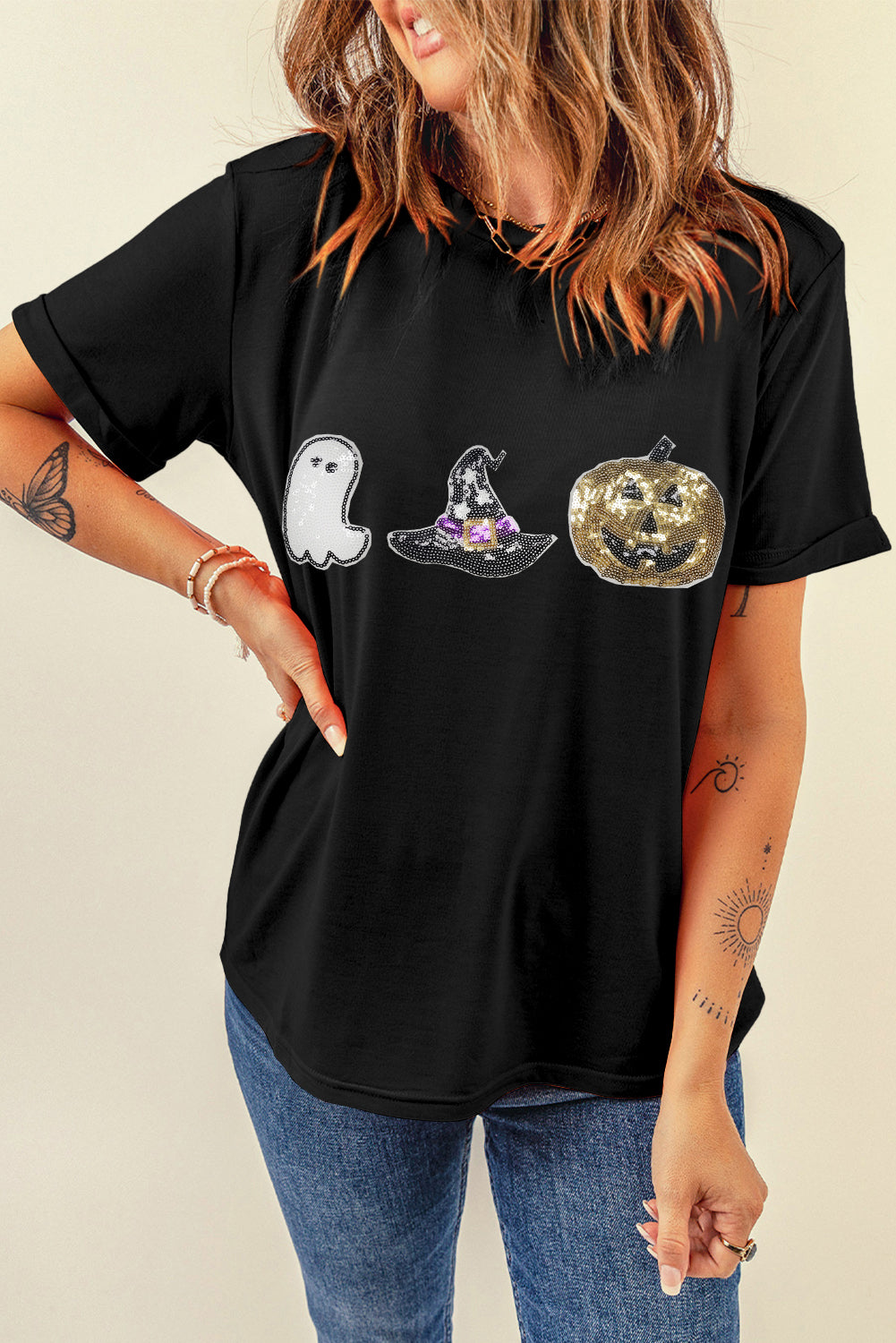 Halloween Sequin Pattern Patched Crewneck Tee