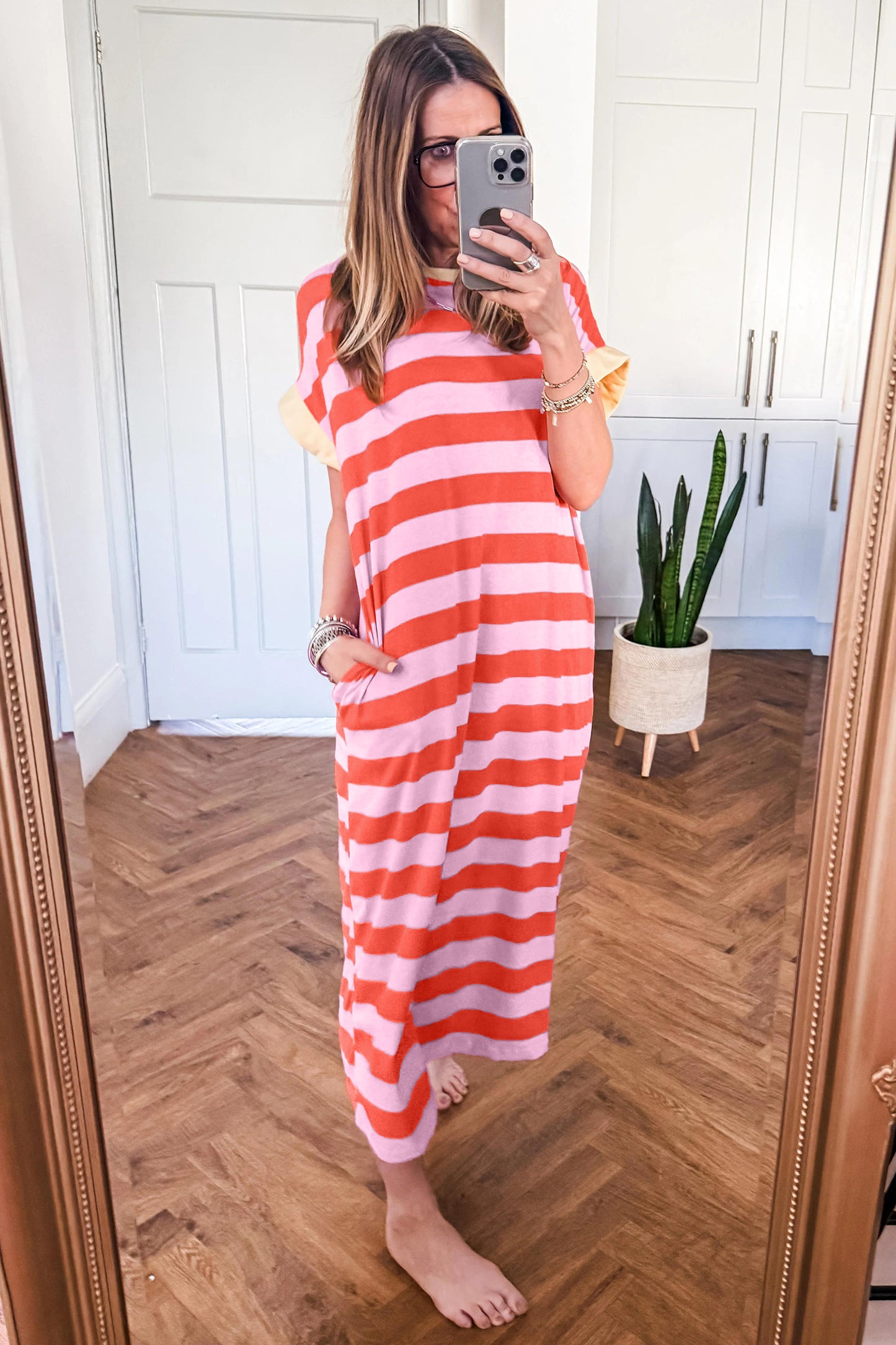 Stripe Cuffed Short Sleeve Pocketed Casual T Shirt Long Dress