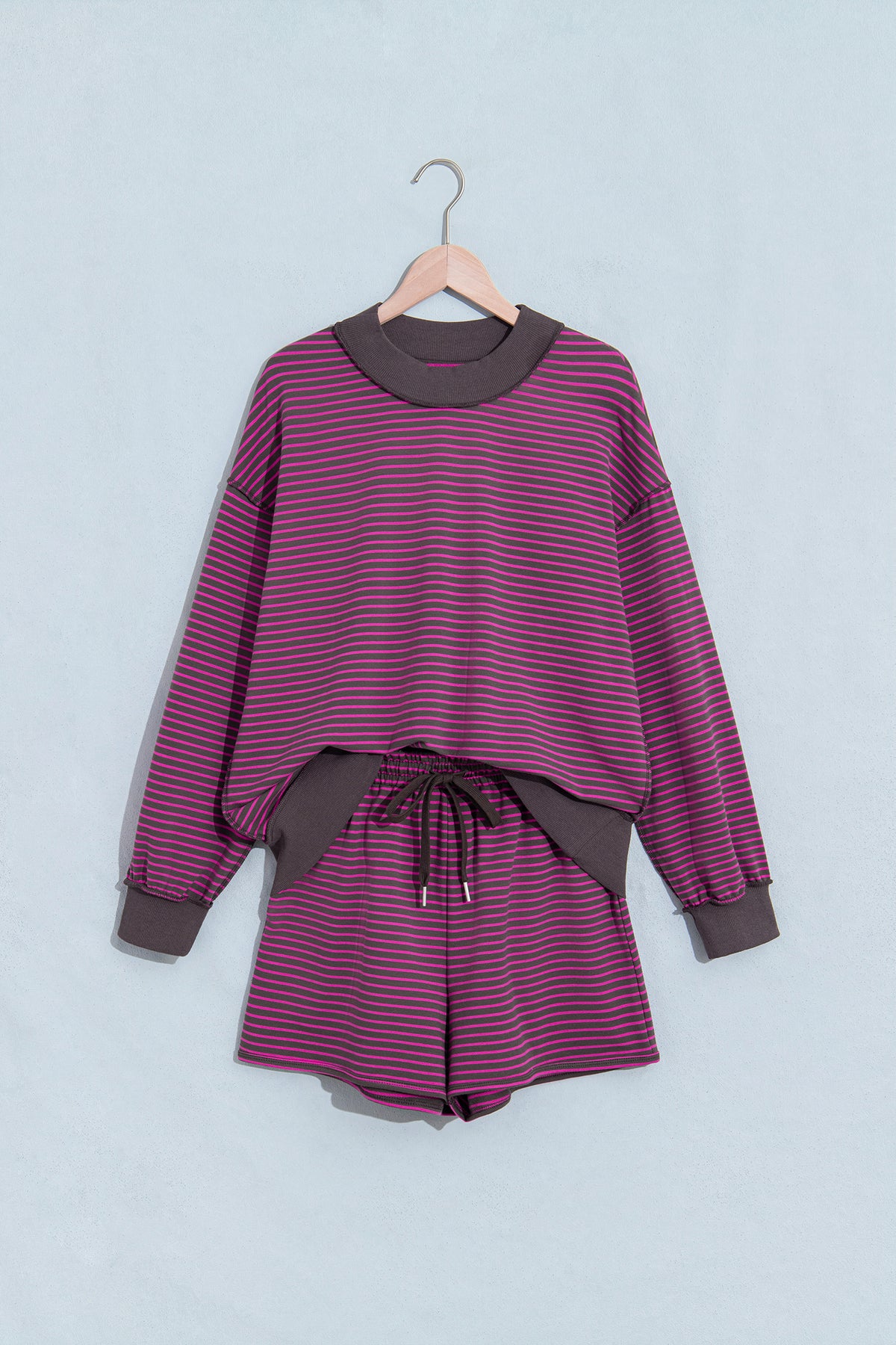 Stripe Ribbed Patchwork Mock Neck Baggy Pullover Matching Shorts Set