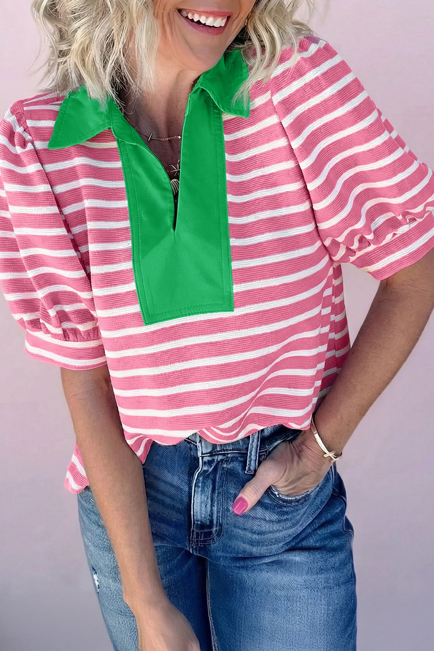Short Puff Sleeve Color Block Polo Collar Blouse