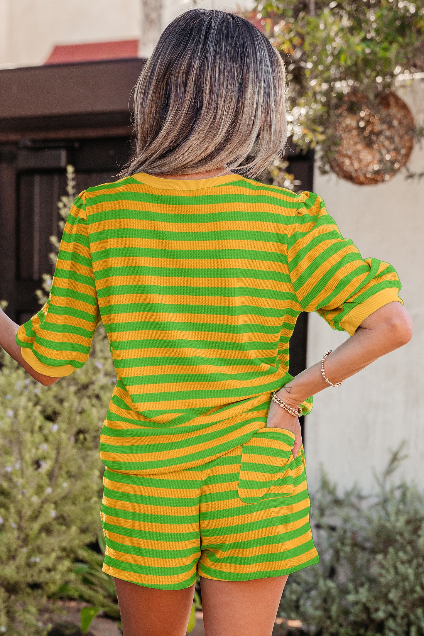 Stripe Puff Short Sleeve Shorts Set