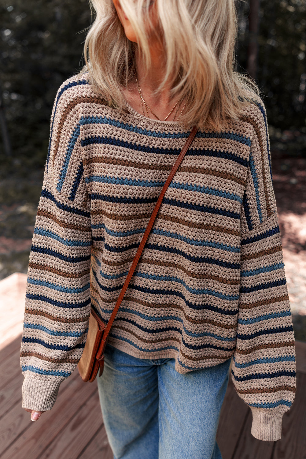 Striped Knitted Drop Shoulder Round Neck Sweater