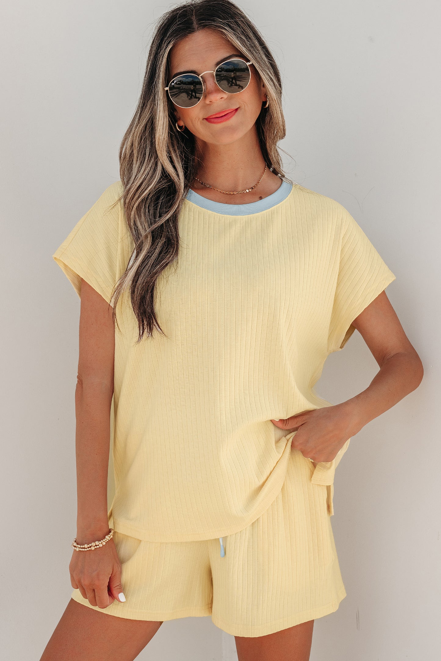 Ribbed Color Block Trim Casual Short Set