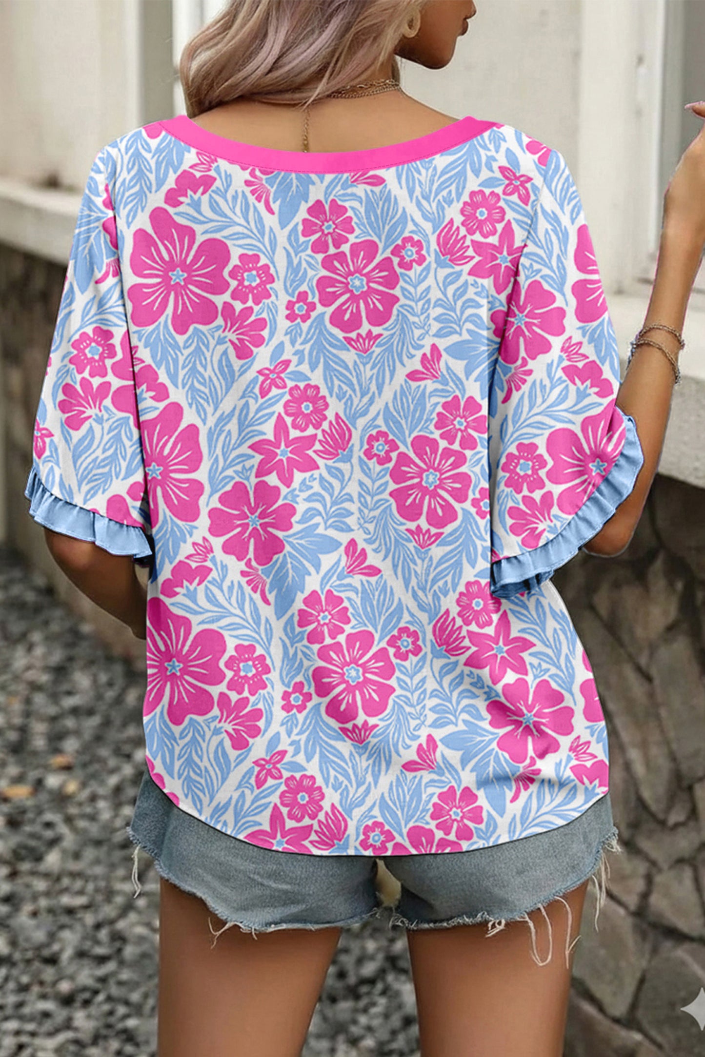 Floral Print Ruffled Color Block Trim Half Sleeve Blouse